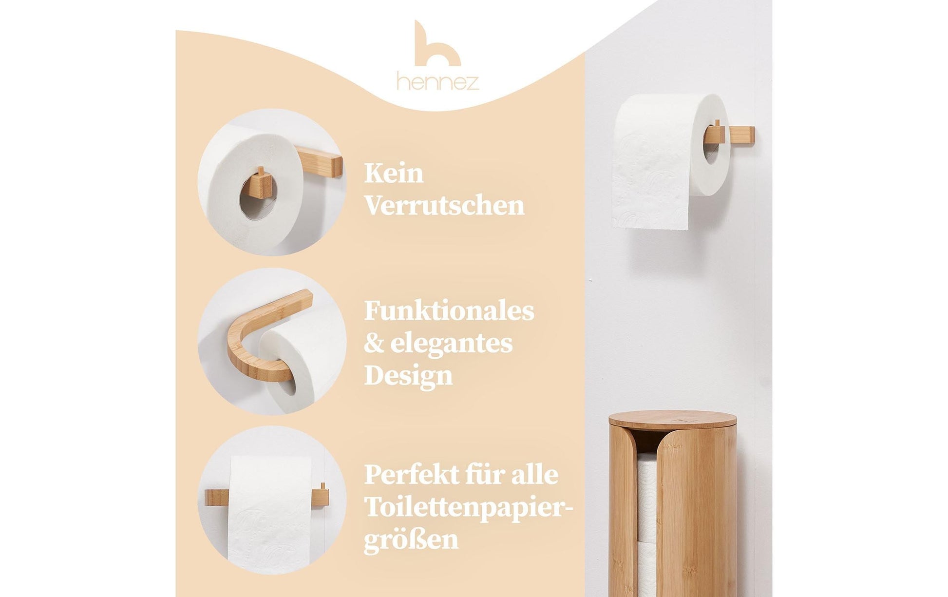 Hennez Evan – Toilettenpapierhalter – Bambus, Braun, Wandmontiert, Klebend, 15 × 11 × 1,5 cm