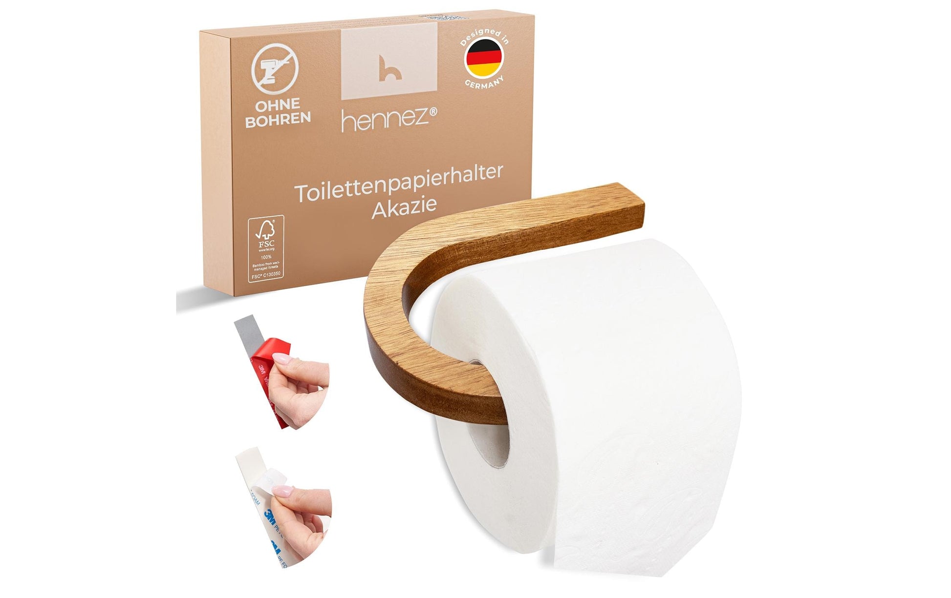 Hennez Evan – Toilettenpapierhalter – Bambus, Braun, Wandmontiert, Klebend, 15 × 11 × 1,5 cm
