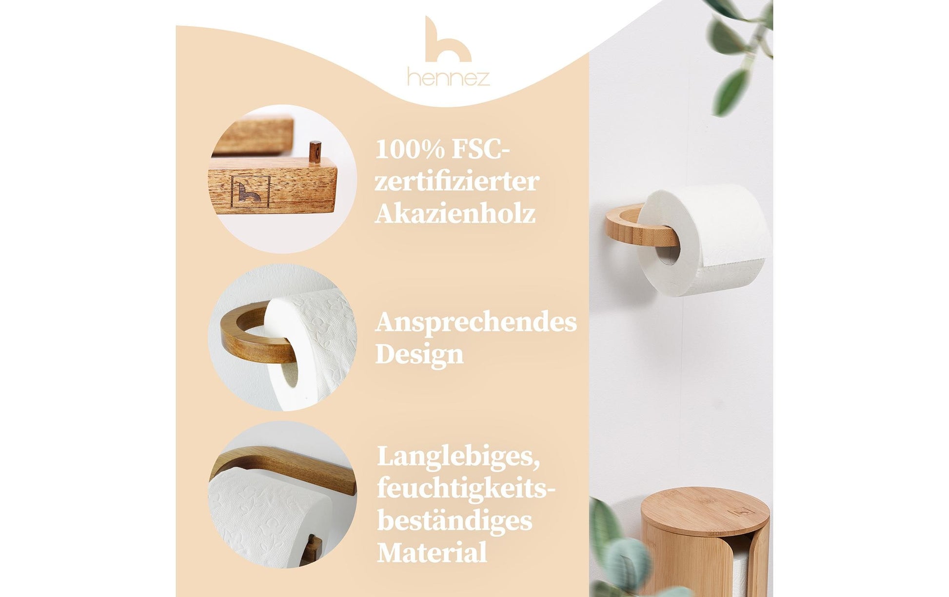 Hennez Evan – Toilettenpapierhalter – Bambus, Braun, Wandmontiert, Klebend, 15 × 11 × 1,5 cm