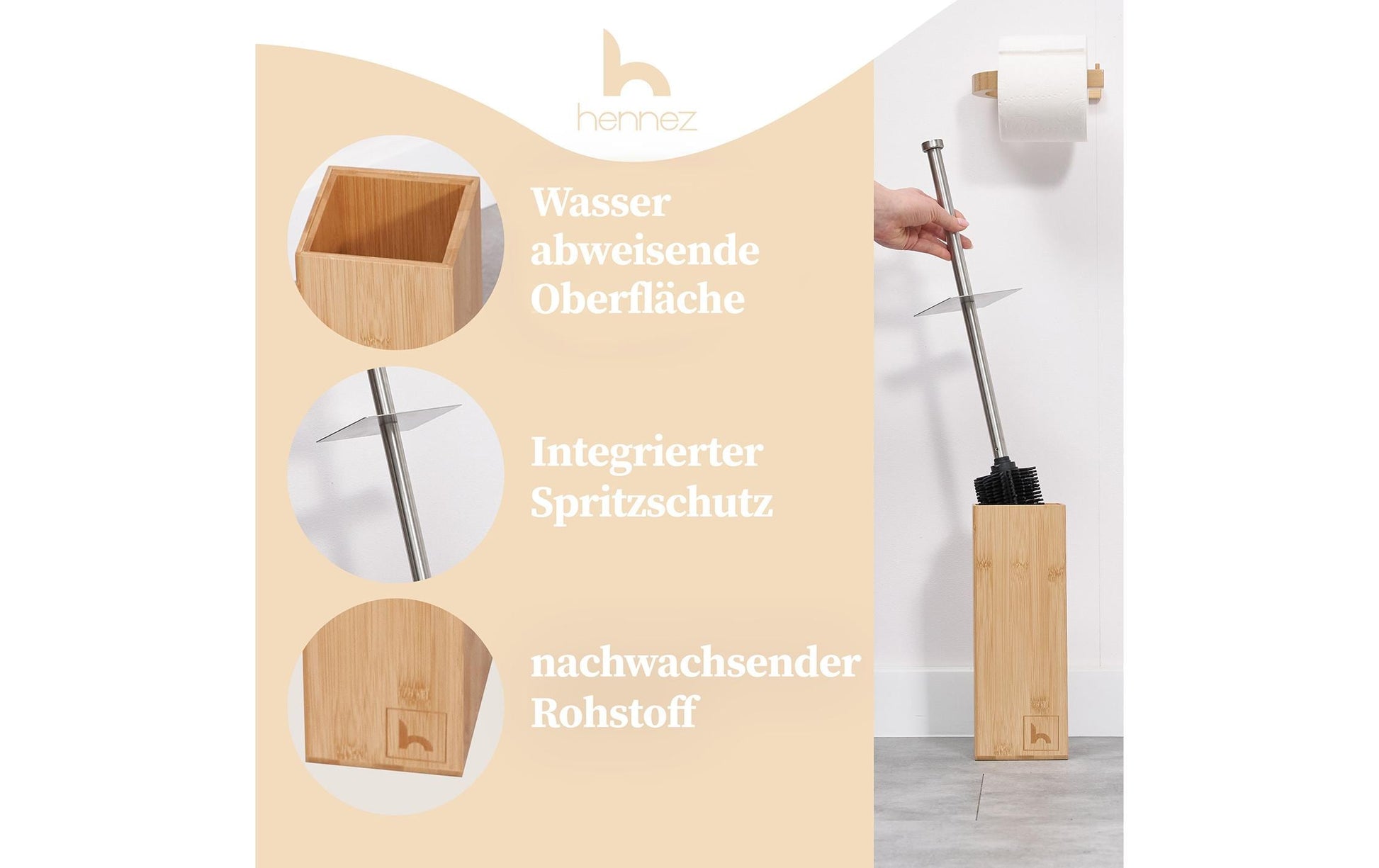 Hennez WC-Bürstenset – Bambus, Silikon, Braun, Antibakteriell, Langer Griff, H 17,5 cm
