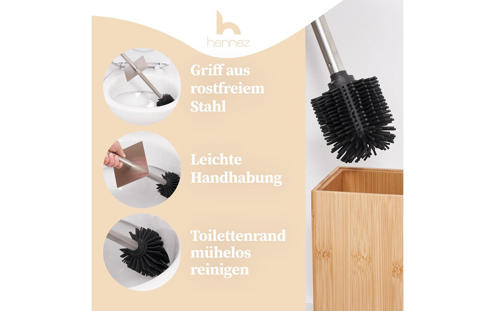 Hennez WC-Bürstenset – Bambus, Silikon, Braun, Antibakteriell, Langer Griff, H 17,5 cm