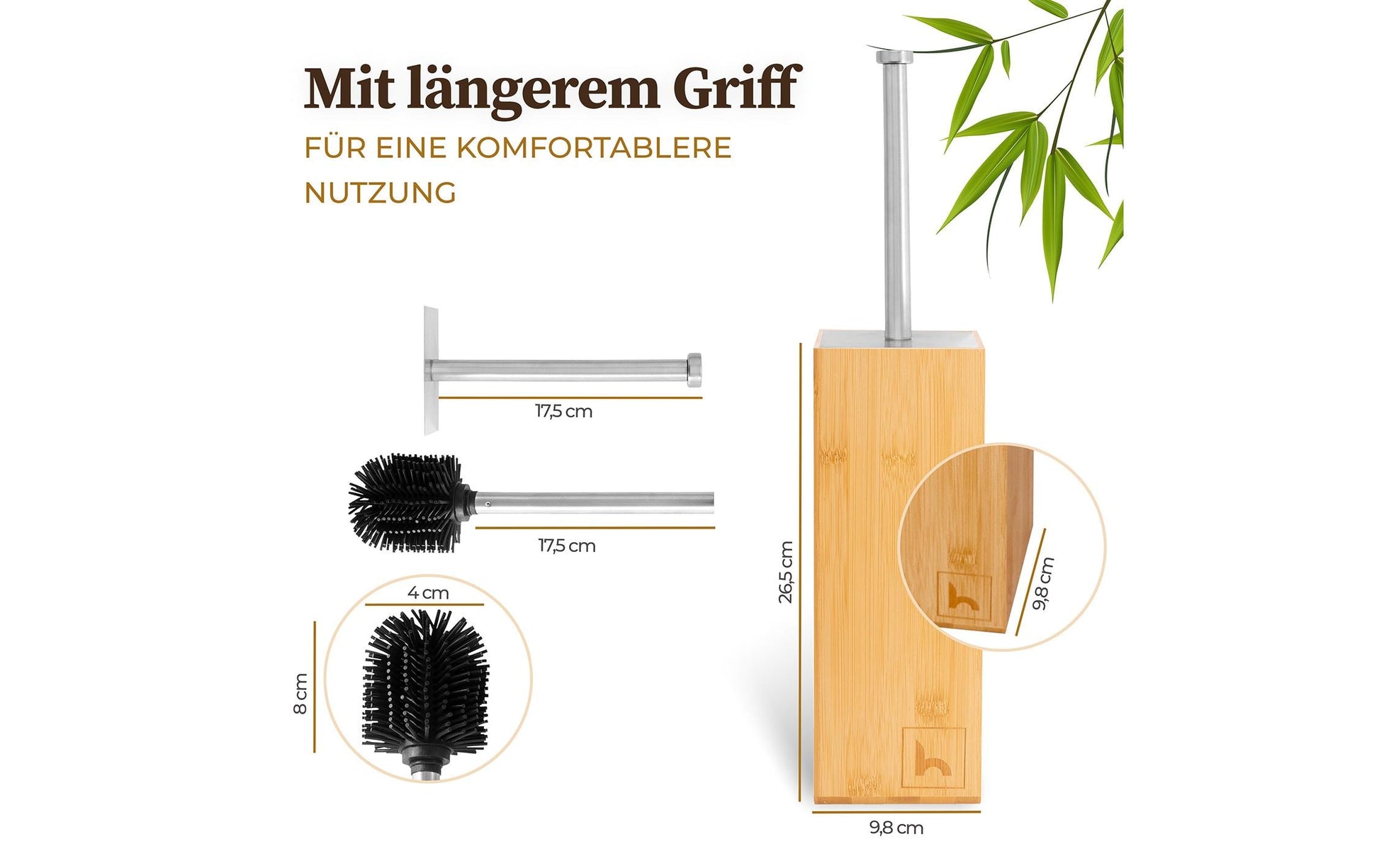 Hennez WC-Bürstenset – Bambus, Silikon, Braun, Antibakteriell, Langer Griff, H 17,5 cm
