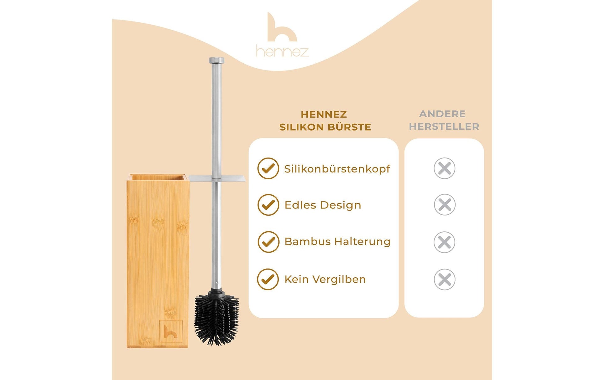 Hennez WC-Bürstenset – Bambus, Silikon, Braun, Antibakteriell, Langer Griff, H 17,5 cm