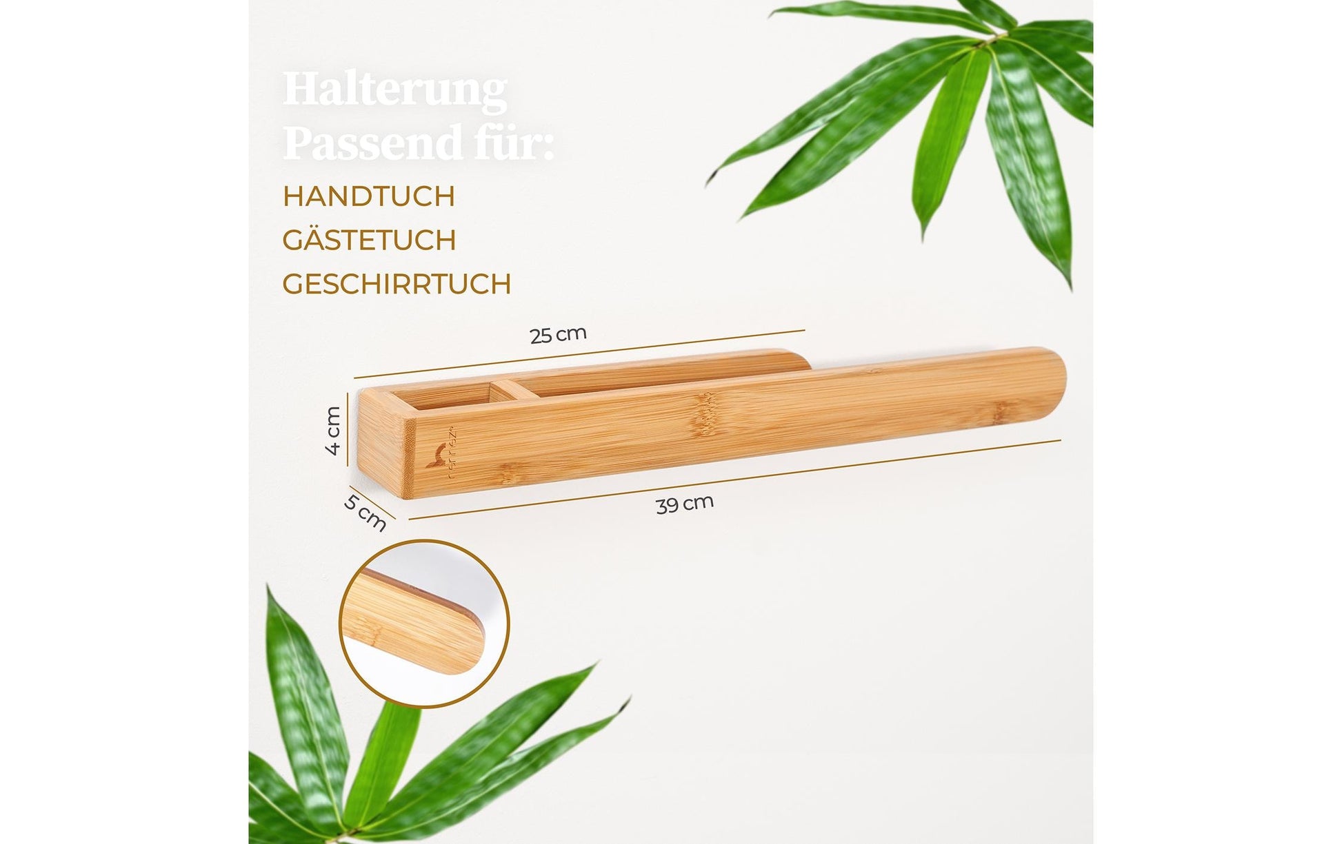 Hennez Handtuchhalter – 39×4×5 cm, Bambus, bis 5 kg, Klebestreifen, Natur