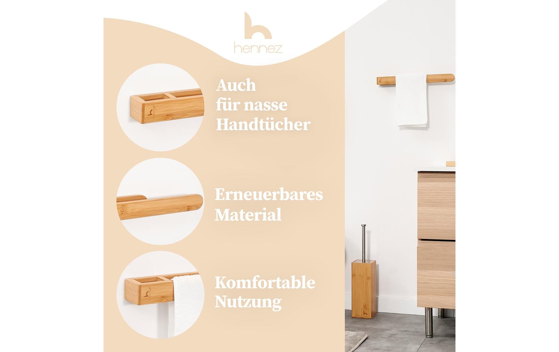 Hennez Handtuchhalter – 39×4×5 cm, Bambus, bis 5 kg, Klebestreifen, Natur