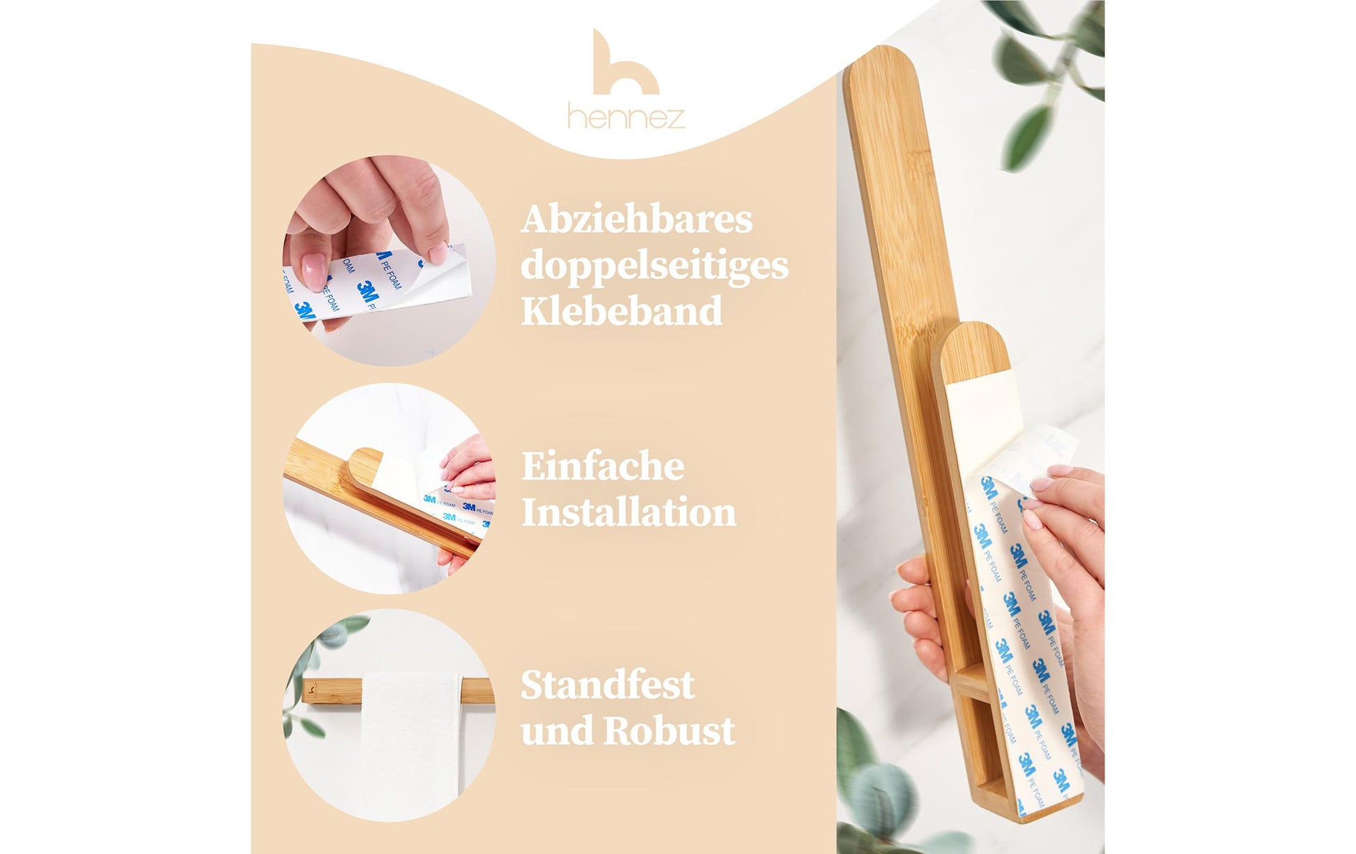 Hennez Handtuchhalter – 39×4×5 cm, Bambus, bis 5 kg, Klebestreifen, Natur