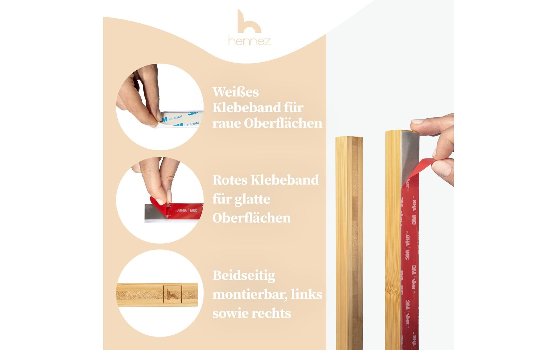 Hennez Handtuchhalter Alfred – 35×10×1,8 cm, Bambus, Klebestreifen, Natur