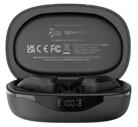 Boompods Sportpods Ocean Ohrbügel True Wireless – Stereo, TWS, Qi-Ladecase, Schwarz, BT 5.0