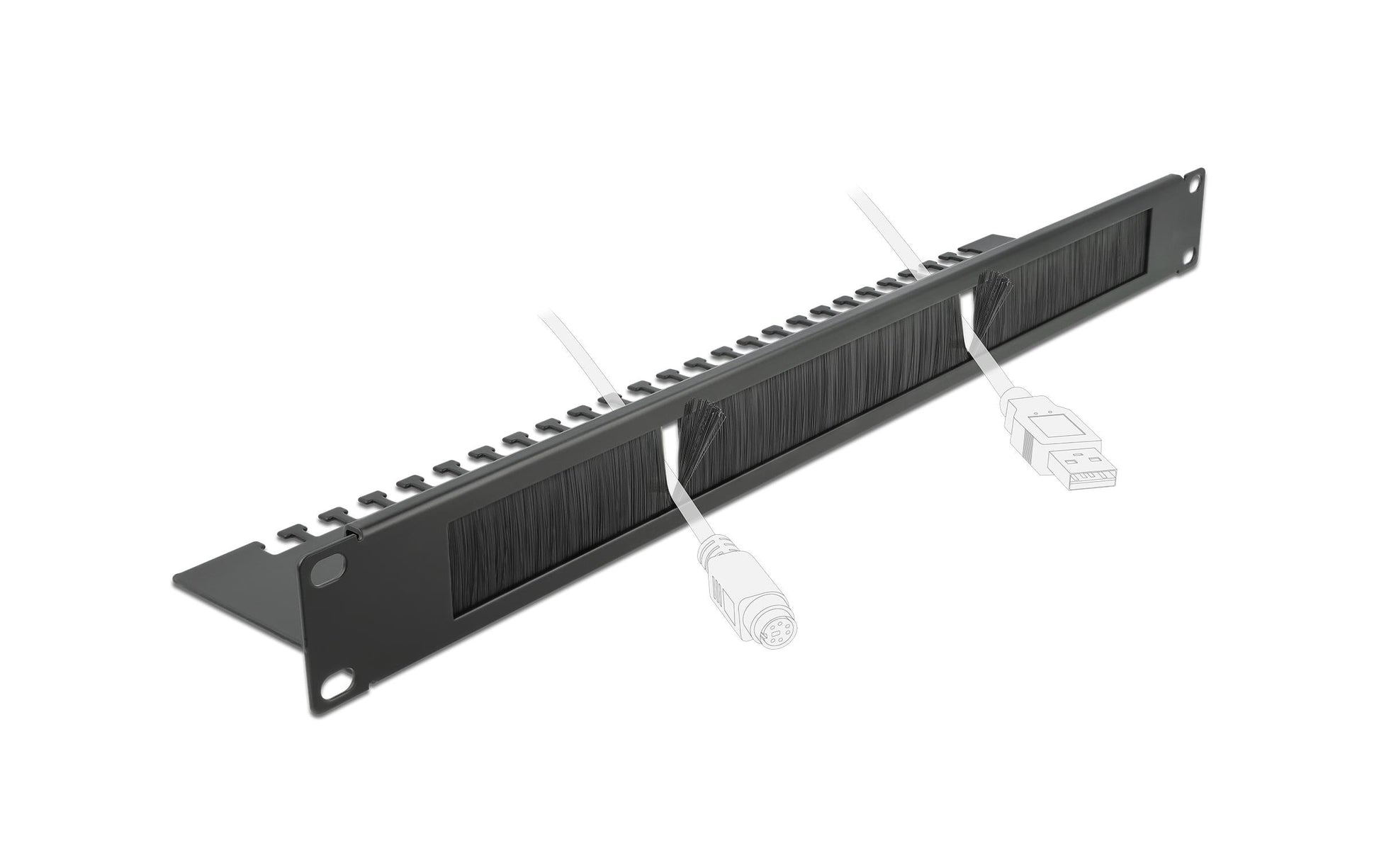 DeLOCK 19" 1U Rangierpanel, Bürstenleiste mit Kabelabfangplatte, 483×92×44,5 mm, Metall – Schwarz