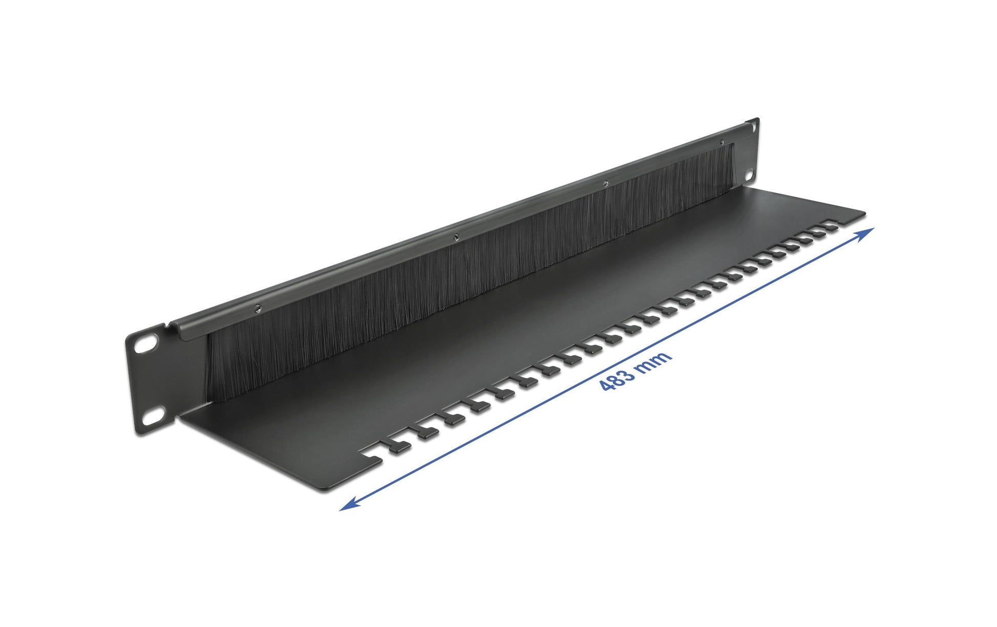 DeLOCK 19" 1U Rangierpanel, Bürstenleiste mit Kabelabfangplatte, 483×92×44,5 mm, Metall – Schwarz