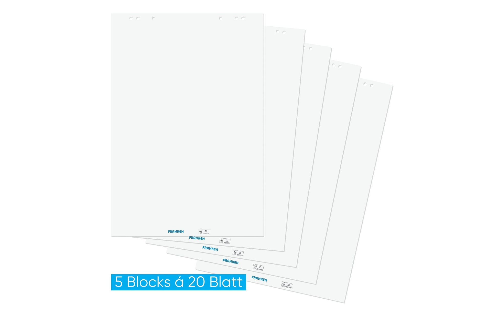 Franken Flipchart-Block F2120 – 68 × 98 cm, 20 Blatt/Block, 5 Blöcke, blanko, weiss, Papier, mit Lochung