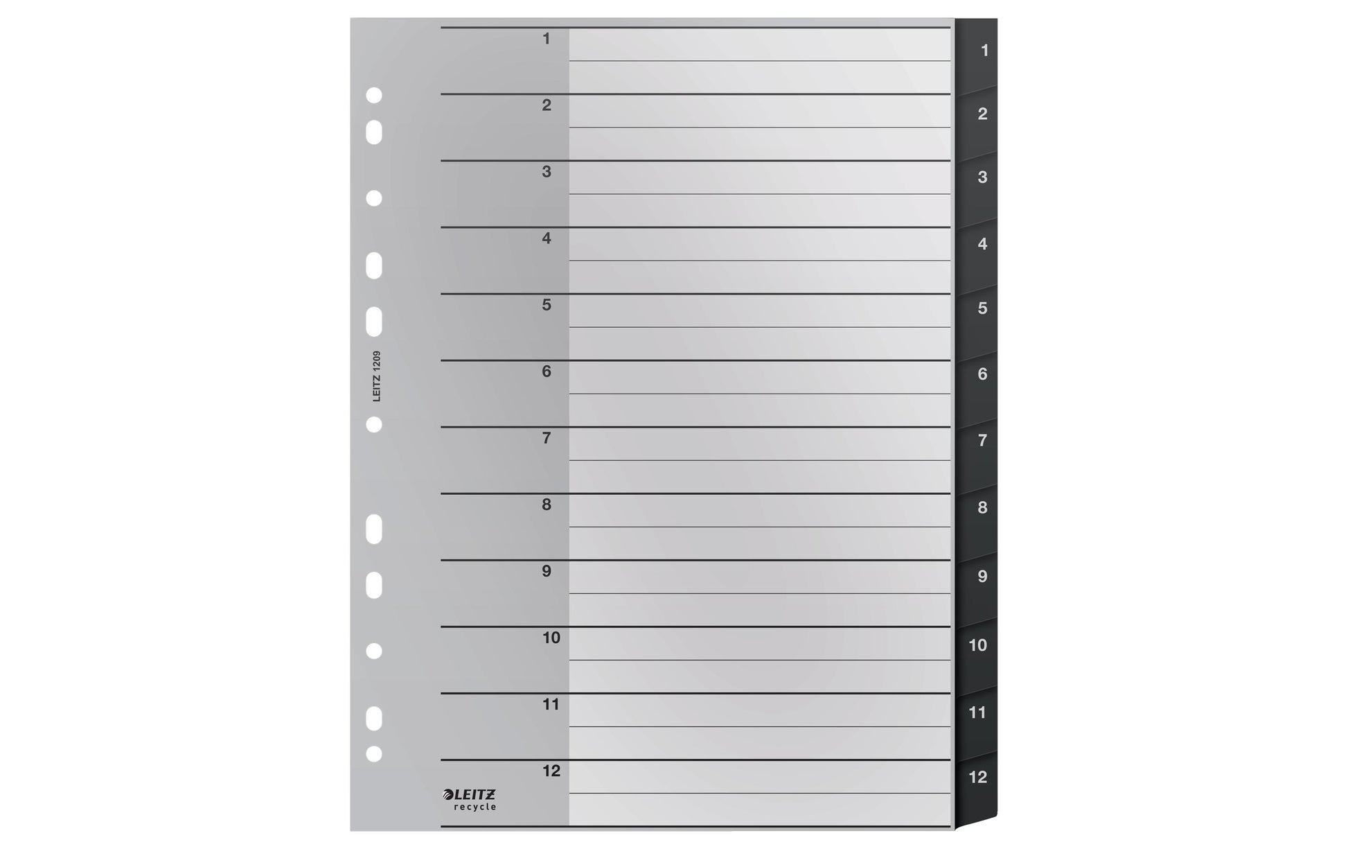Leitz Register A4 überbreit – nummeriert 1–12, 12 Taben, PP, schwarz/weiss, 12-fach