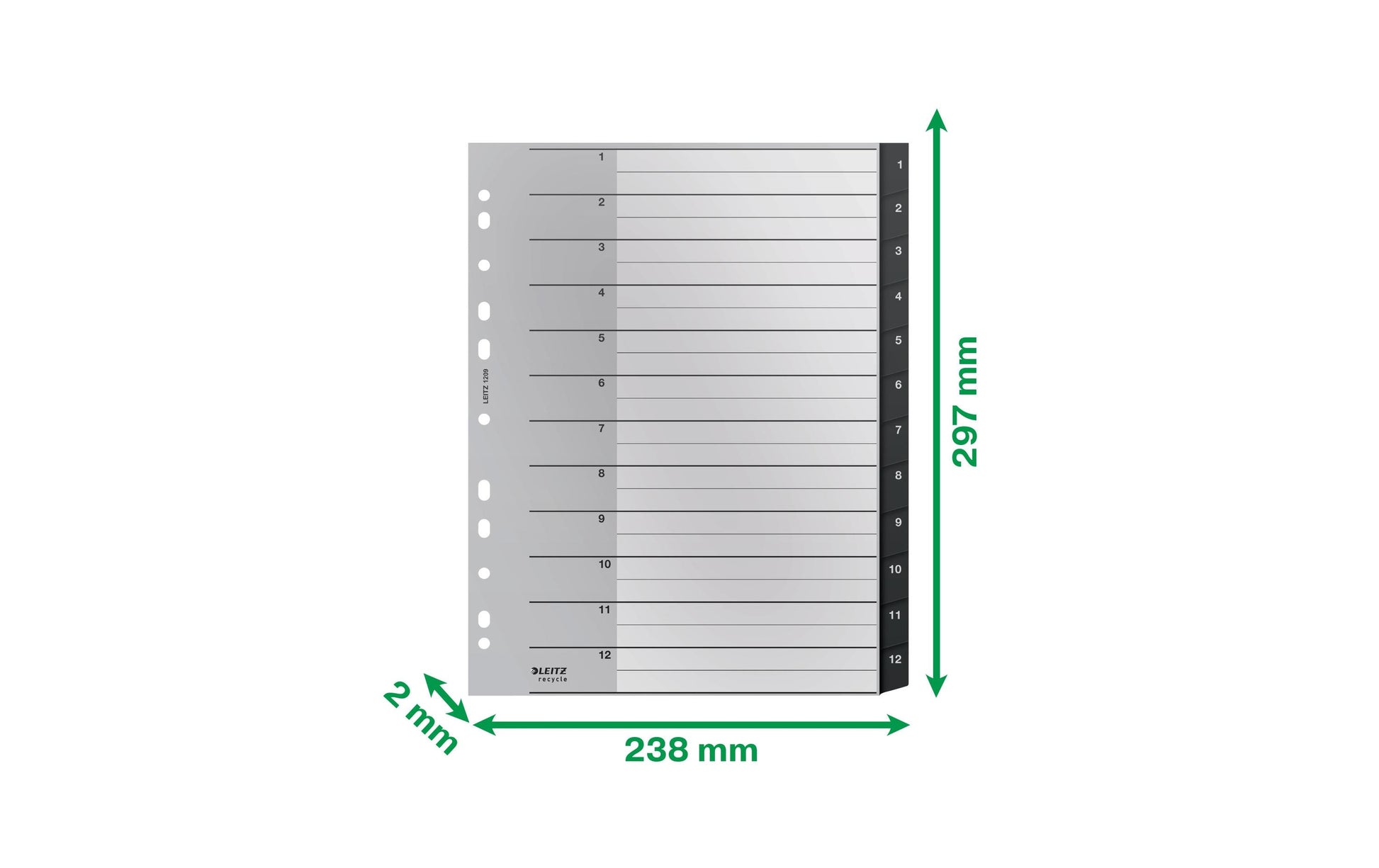Leitz Register A4 überbreit – nummeriert 1–12, 12 Taben, PP, schwarz/weiss, 12-fach