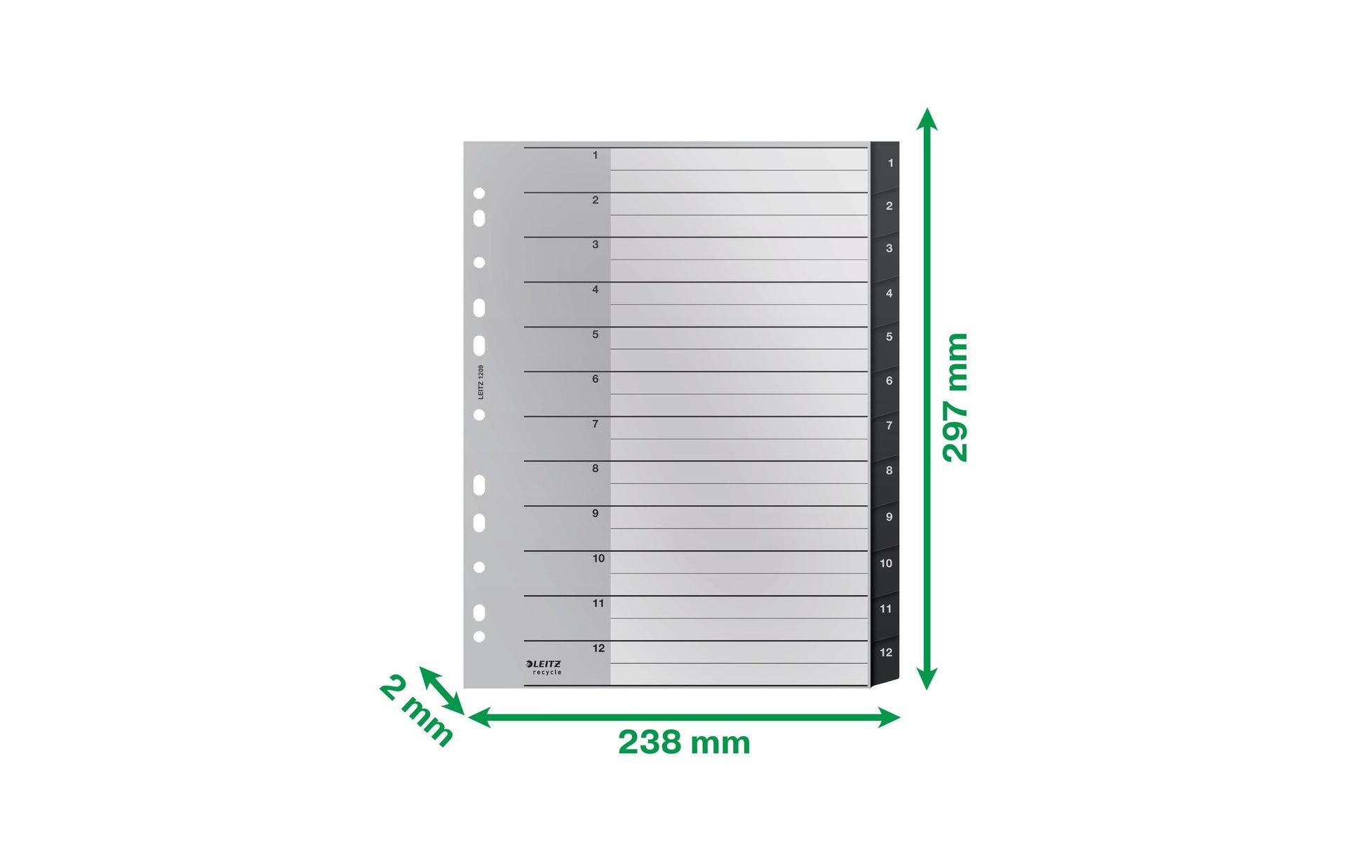 Leitz Register A4 überbreit – nummeriert 1–12, 12 Taben, PP, schwarz/weiss, 12-fach