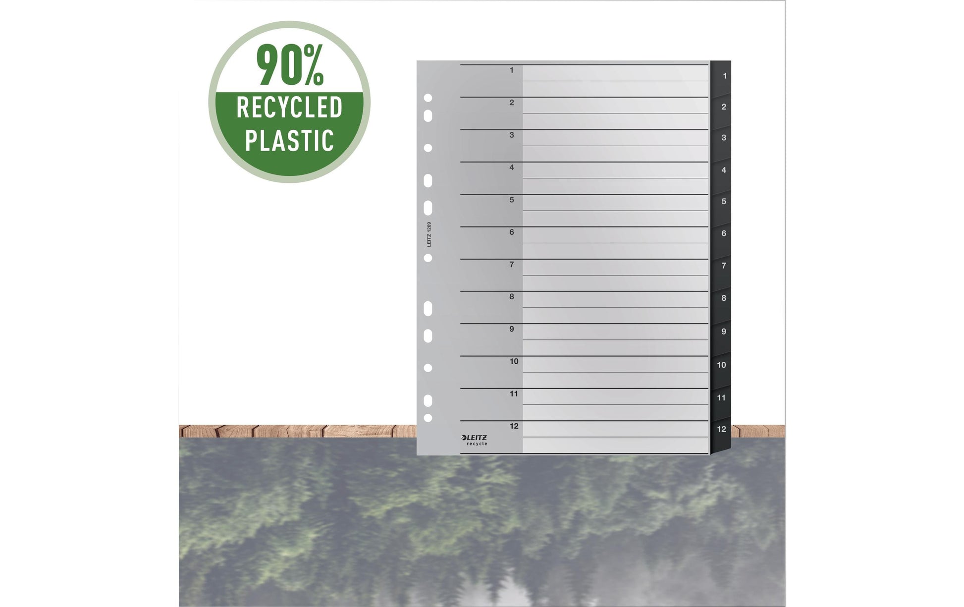Leitz Register A4 überbreit – nummeriert 1–12, 12 Taben, PP, schwarz/weiss, 12-fach