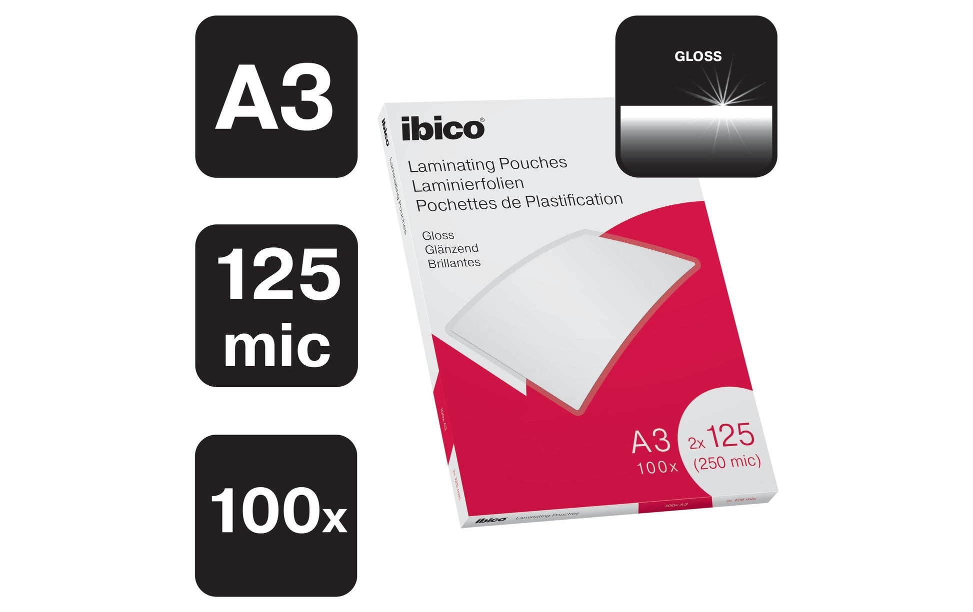 Ibico Laminierfolien A3, glänzend – 125 µm, 303 × 426 mm, 100 Stk.