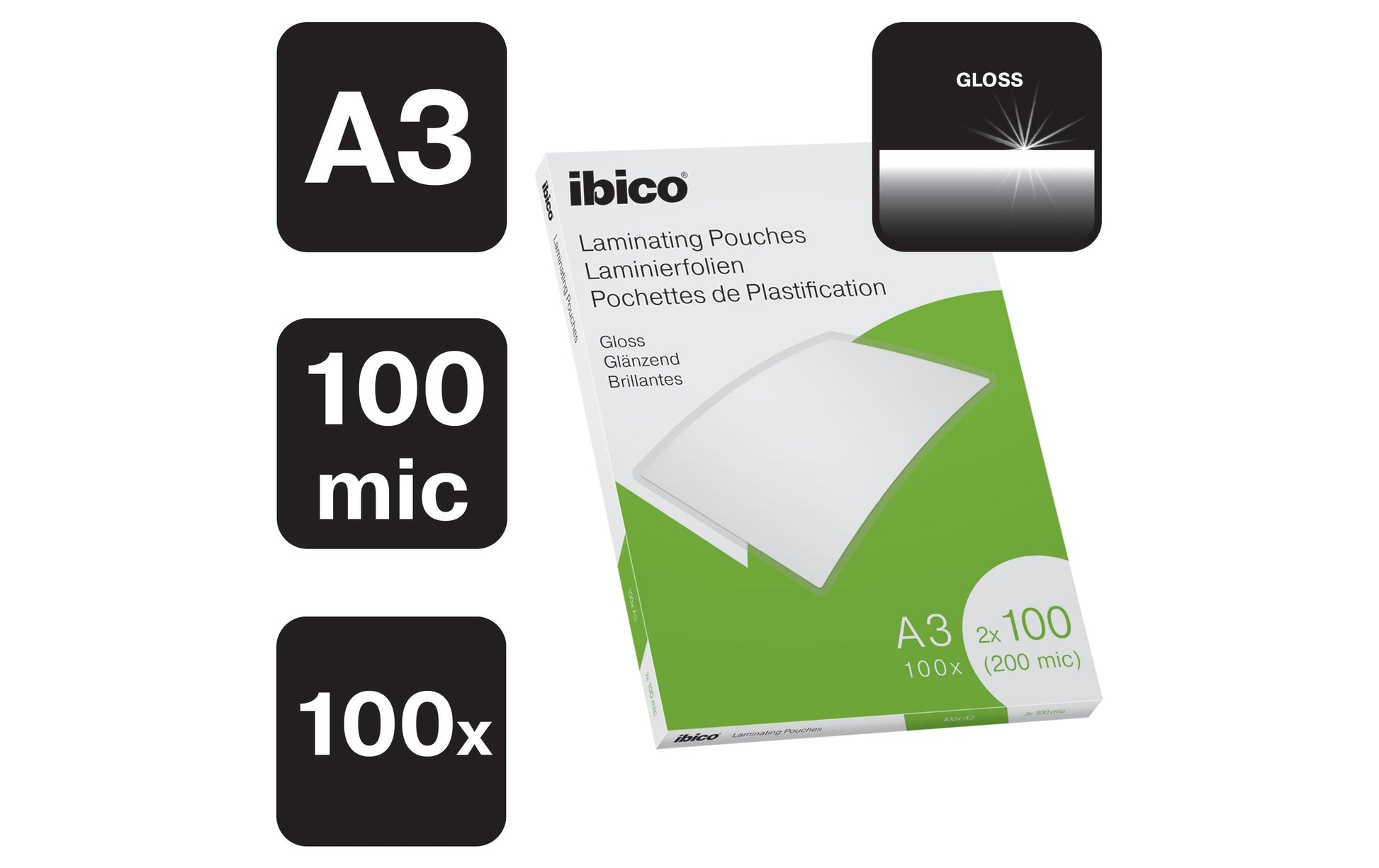 Ibico Laminierfolien A3, glänzend – 100 µm, 303 × 426 mm, 100 Stk.