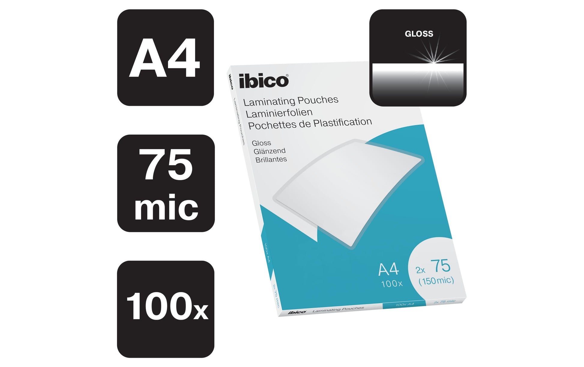 Ibico Laminierfolien A4, glänzend – 75 µm, 216 × 303 mm, 100 Stk.