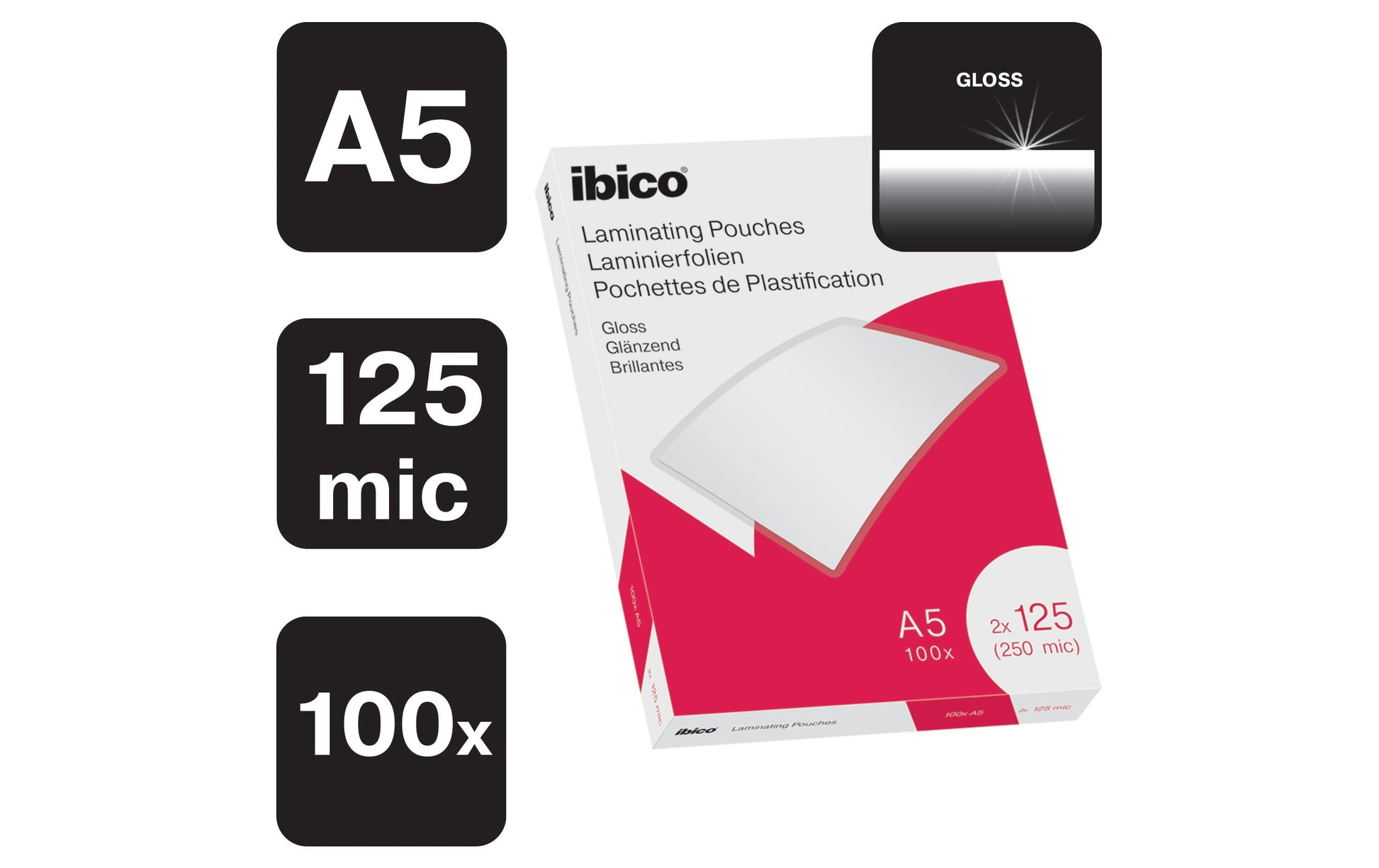 Ibico Laminierfolien A5, glänzend – 125 µm, 154 × 216 mm, 100 Stk.