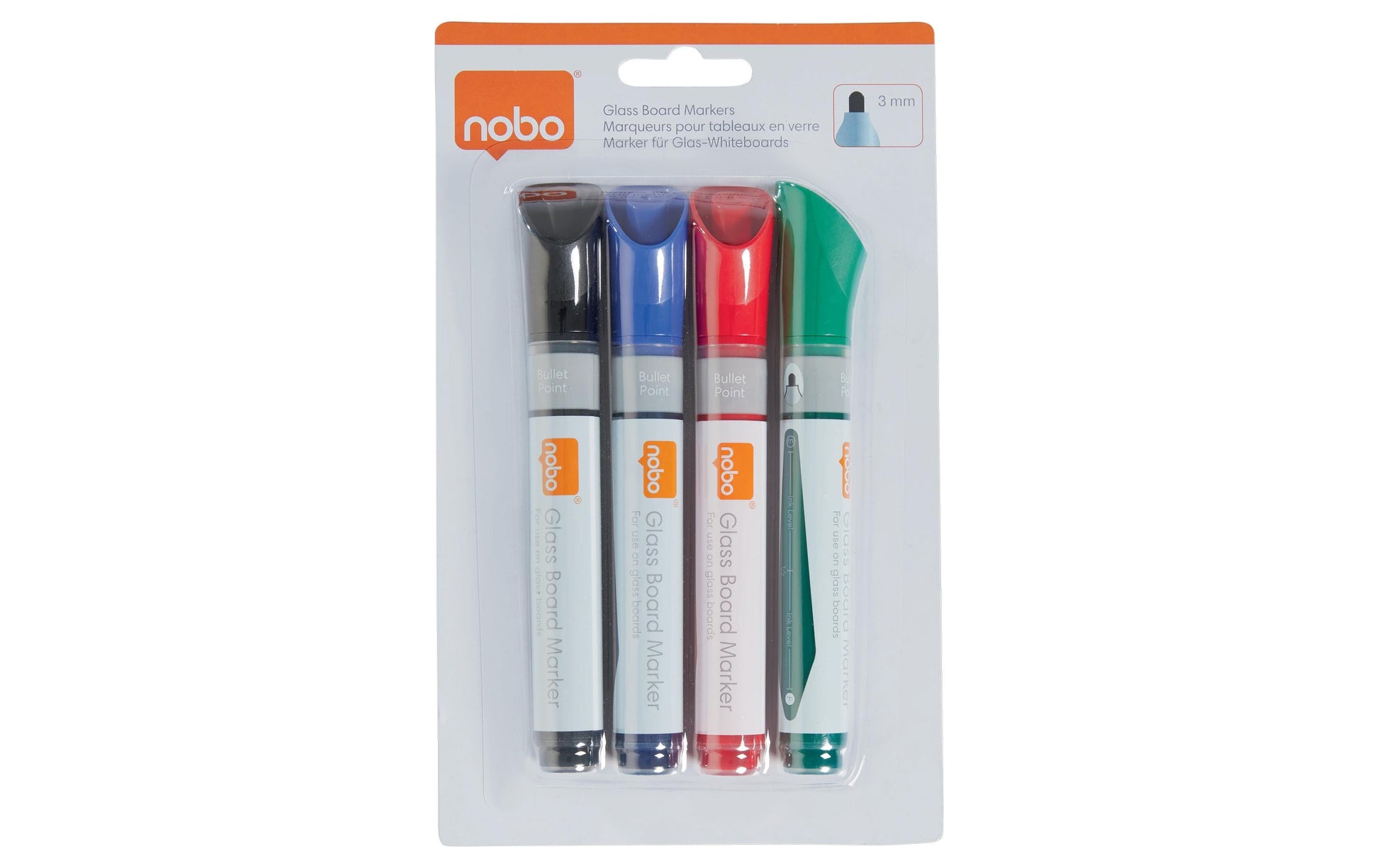 Nobo Non-Permanent-Marker Glasboard – Rundspitze 3 mm – sortiert – 4er-Set – trocken abwischbar