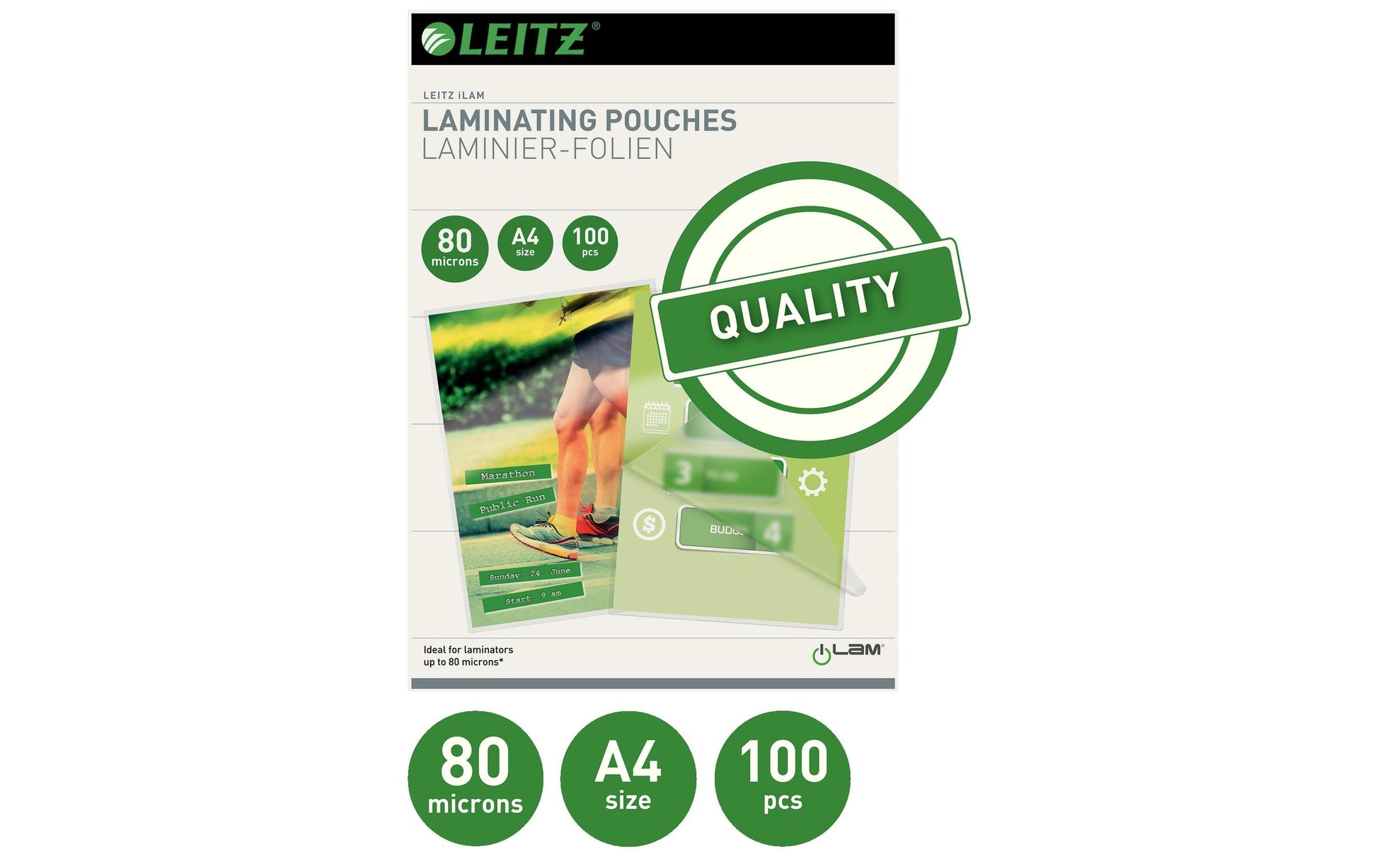 Leitz Laminierfolien A4, glänzend – 80 µm, 216 × 303 mm, 100 Stk.