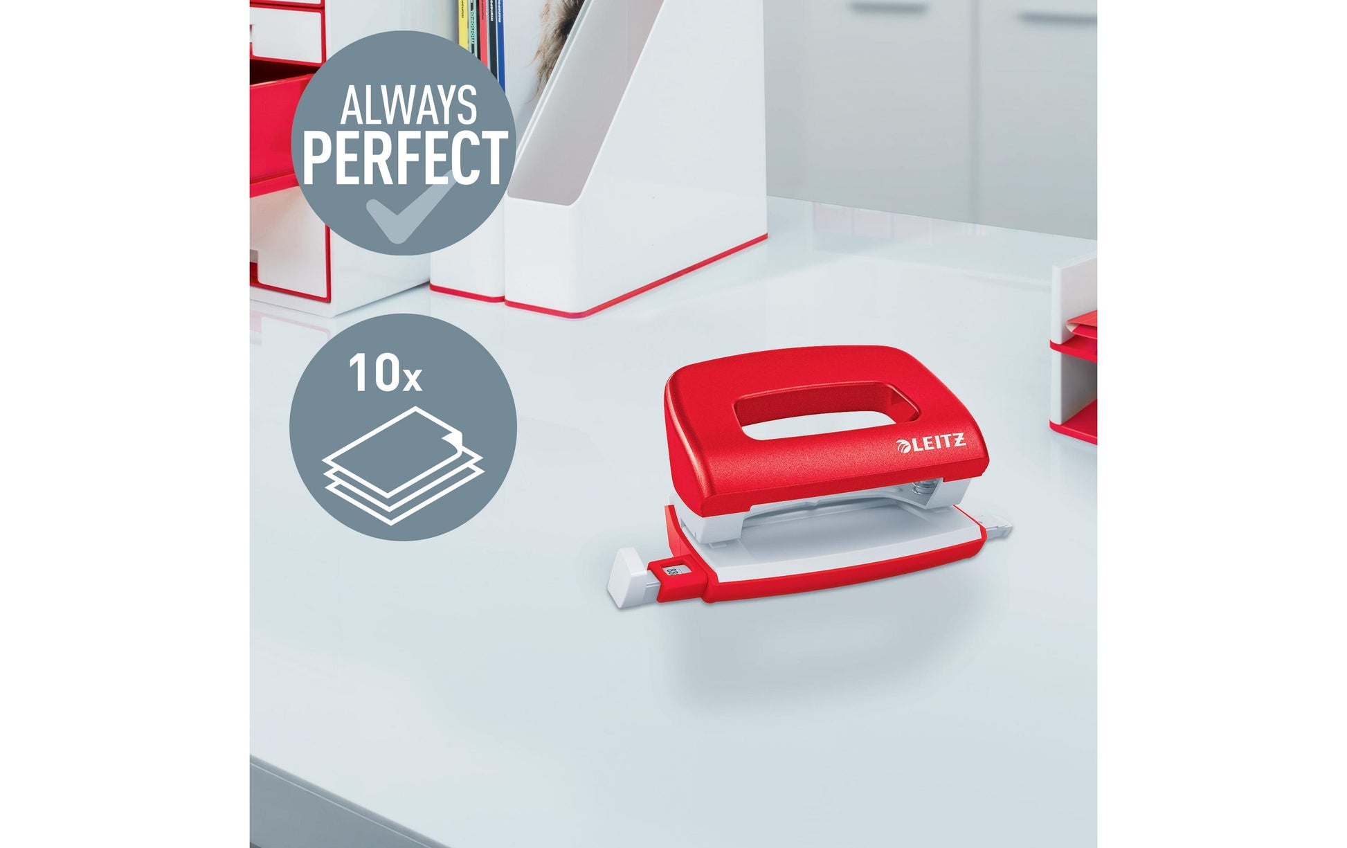 Leitz Mini-Locher NeXXt WOW – 2-Loch, Lochabstand 80 mm, 10 Blatt, bis A4, Ø5,5 mm – Rot – Metall/Kunststoff