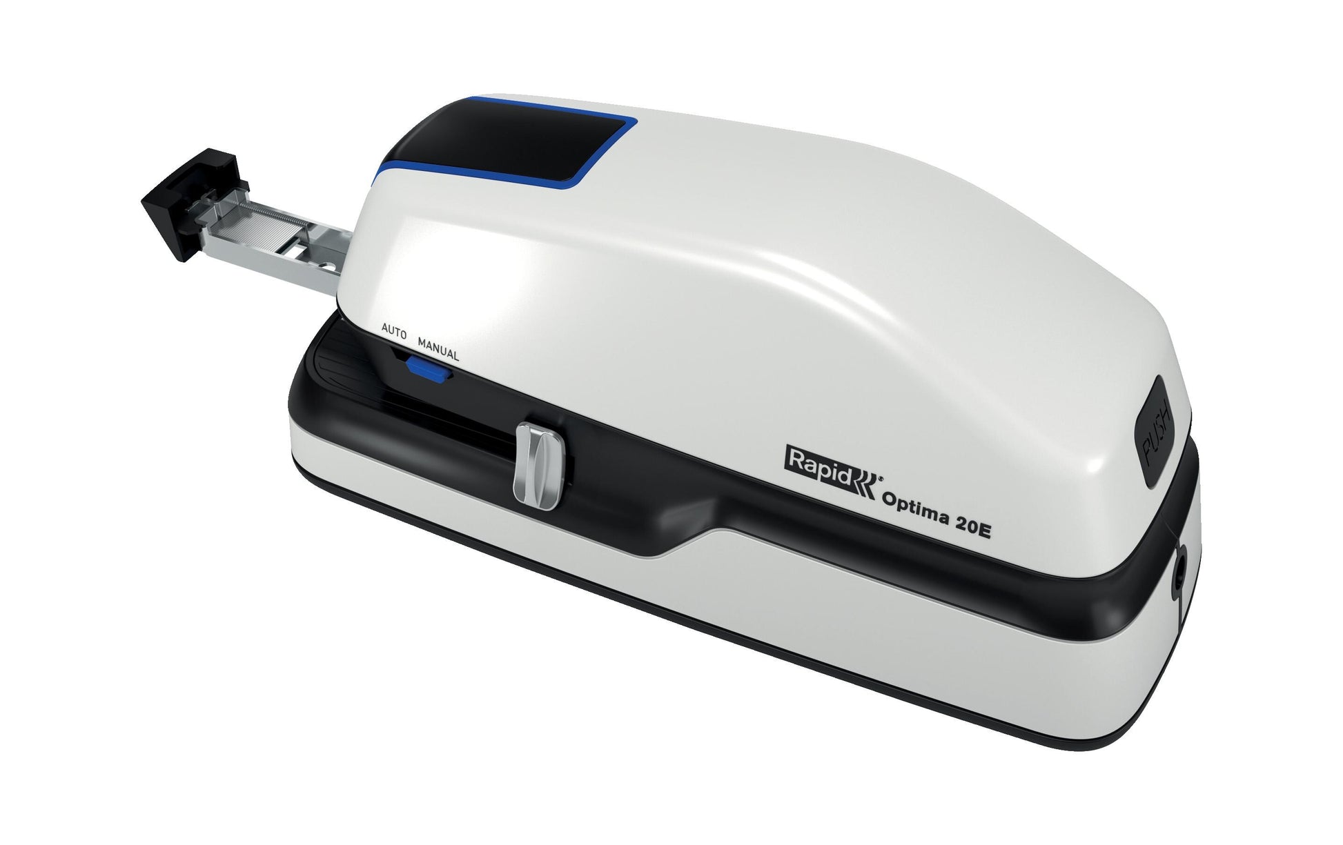 Rapid Optima 20E – Elektrischer Hefter, geschlossene Heftung, Einlegetiefe 42 mm, Weiss/Grau/Blau