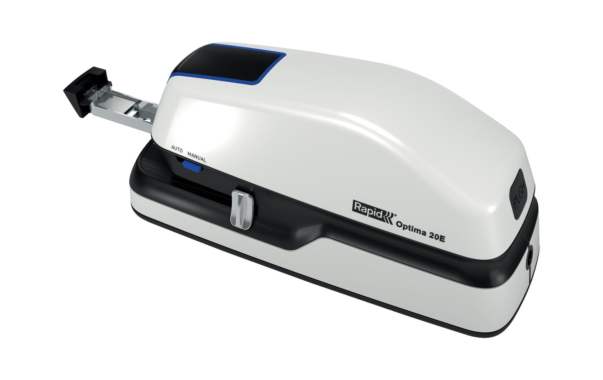 Rapid Optima 20E – Elektrischer Hefter, geschlossene Heftung, Einlegetiefe 42 mm, Weiss/Grau/Blau