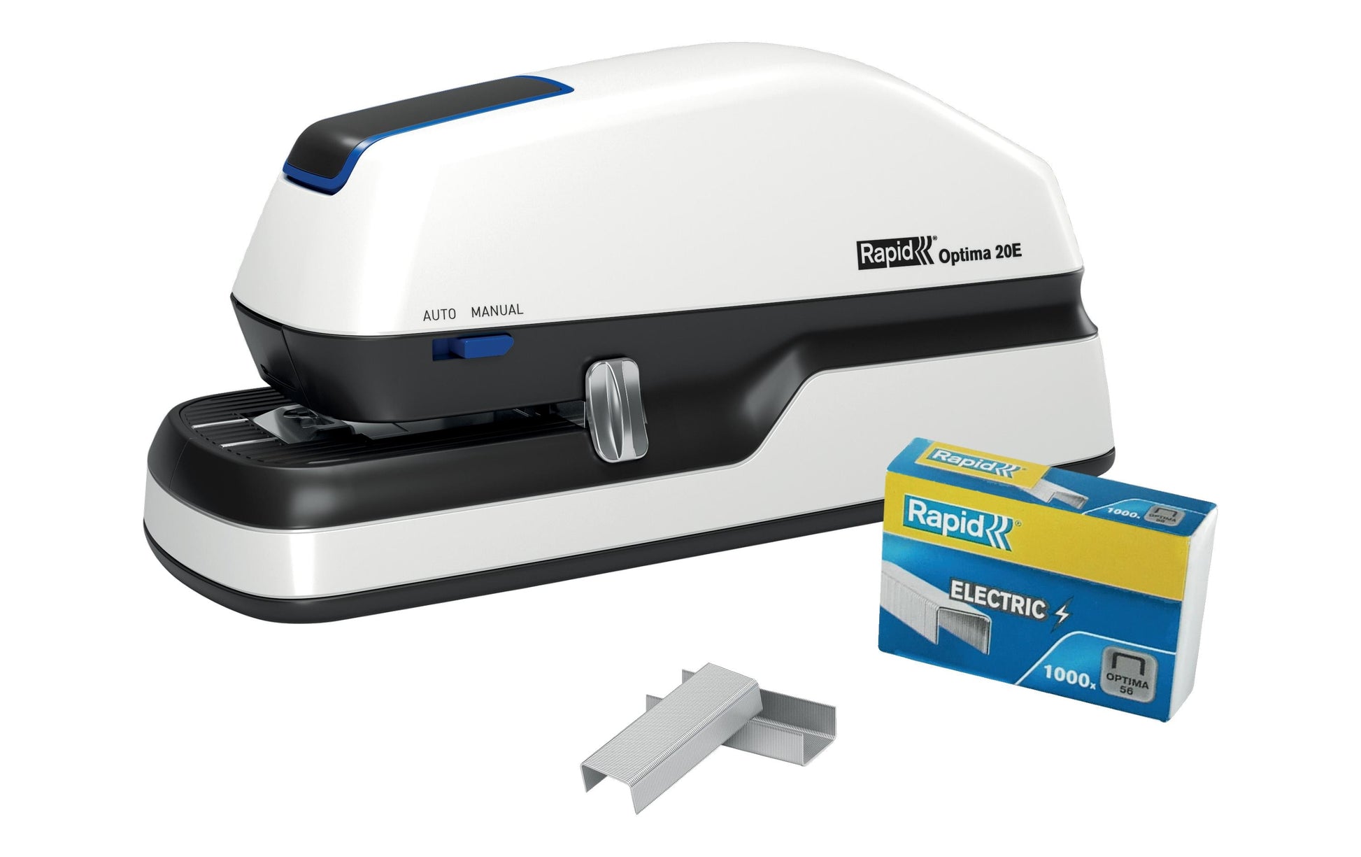 Rapid Optima 20E – Elektrischer Hefter, geschlossene Heftung, Einlegetiefe 42 mm, Weiss/Grau/Blau