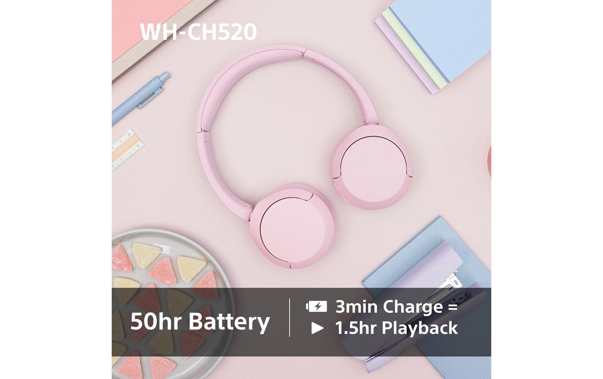 Sony WH-CH520 – Duo Headset, On-Ear – Bluetooth – geschlossen, USB-C – Pink – für Google Assistant – bis 40 h