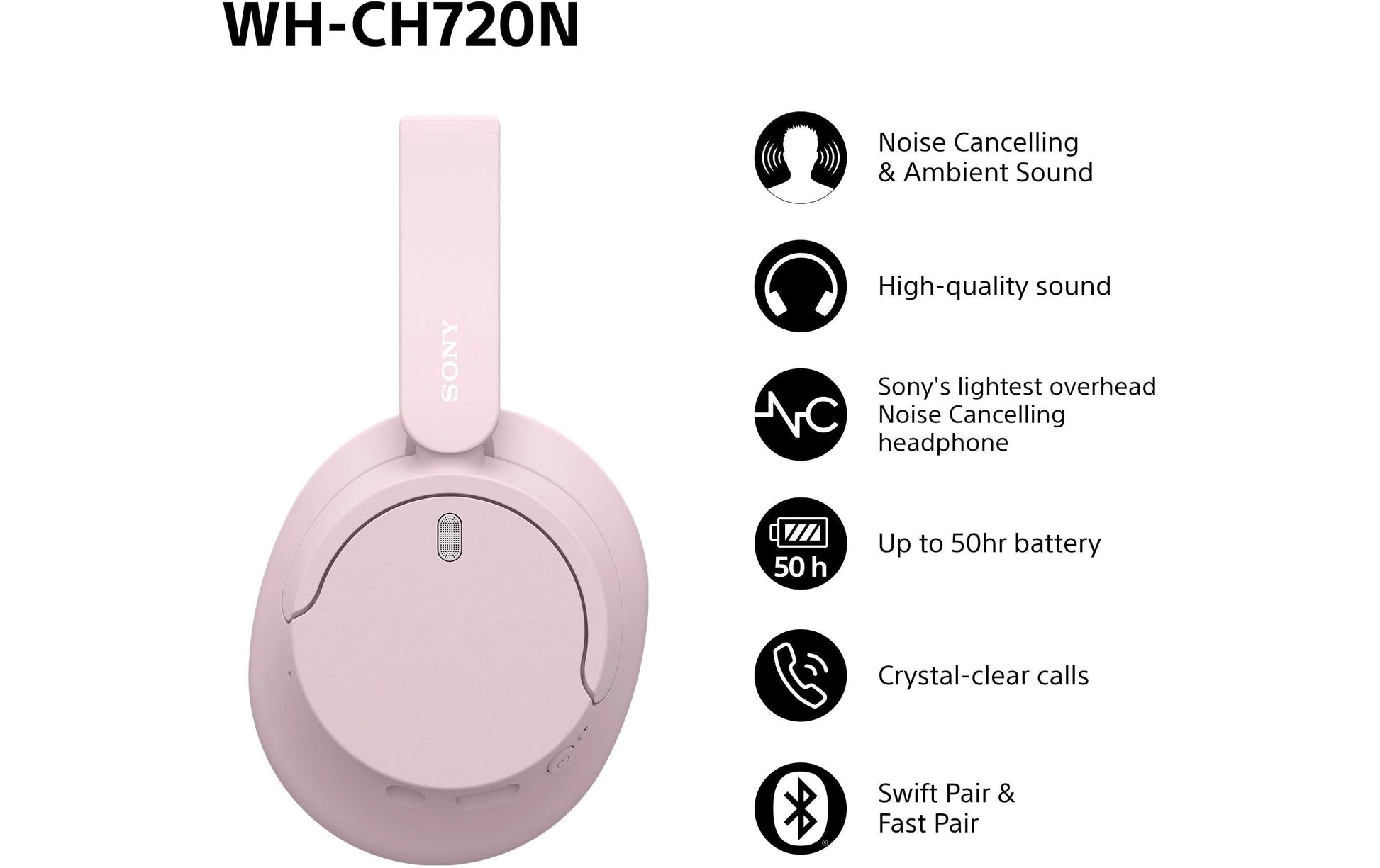 Sony WH-CH720N Over-Ear Kopfhörer – Stereo, Kabel + BT, 3,5 mm Klinke, ANC, Rosa, BT 5.2