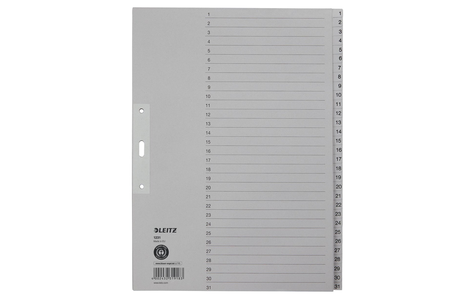 Leitz Register A4 – nummeriert 1–31, 31 Taben, graues Papier, lochverstärktes erstes Blatt