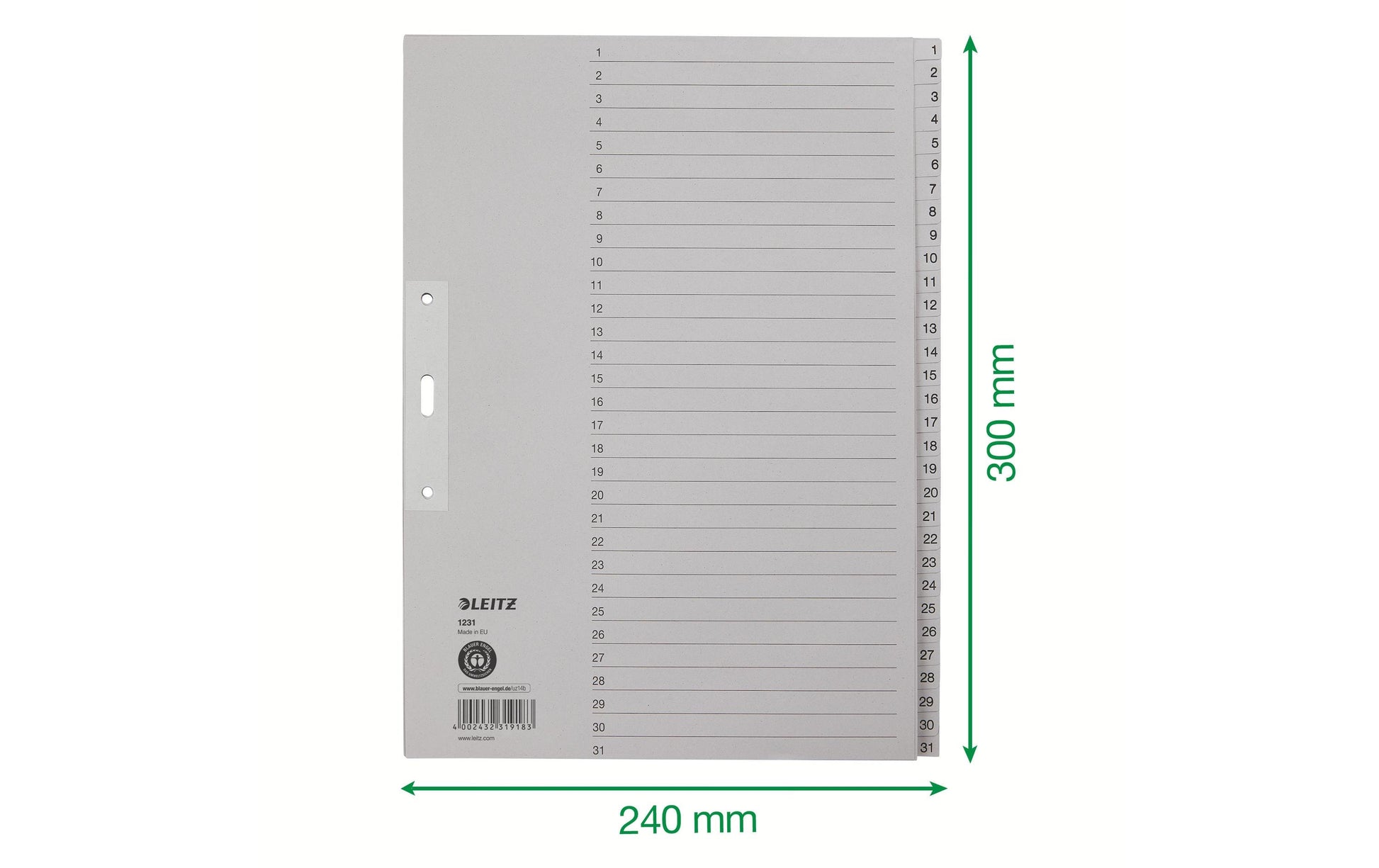 Leitz Register A4 – nummeriert 1–31, 31 Taben, graues Papier, lochverstärktes erstes Blatt