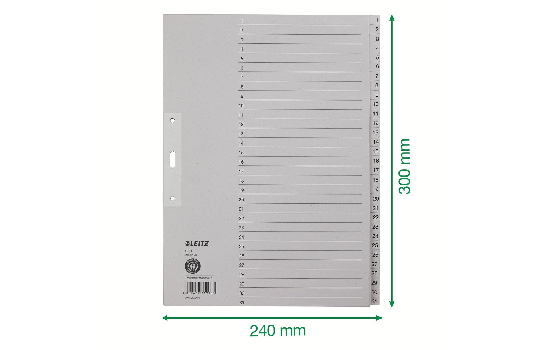 Leitz Register A4 – nummeriert 1–31, 31 Taben, graues Papier, lochverstärktes erstes Blatt