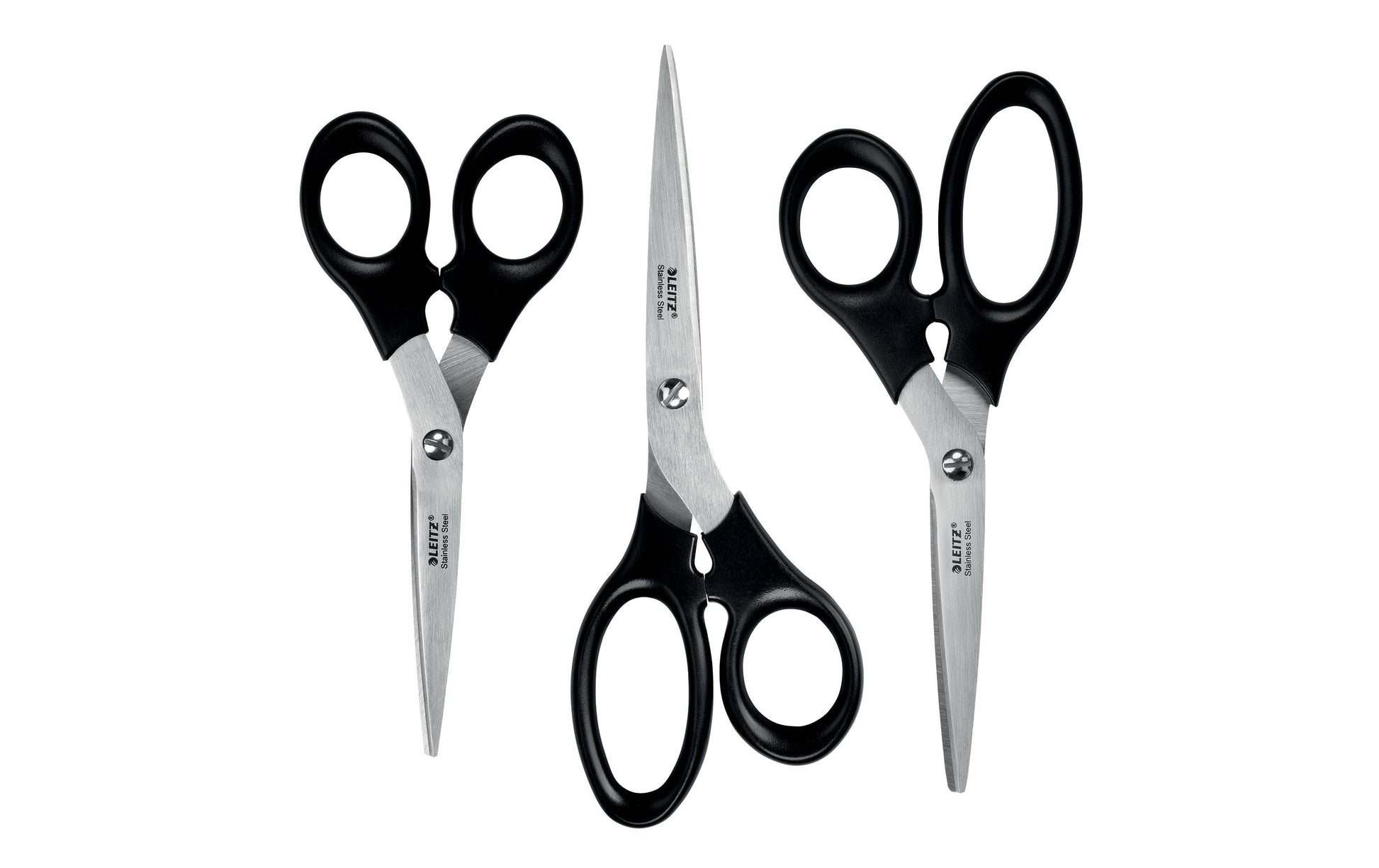 Leitz Scheren-Set 16,5 cm/18,5 cm/20,0 cm, für Rechts- und Linkshänder – Edelstahl, Schwarz, 3 Stk.