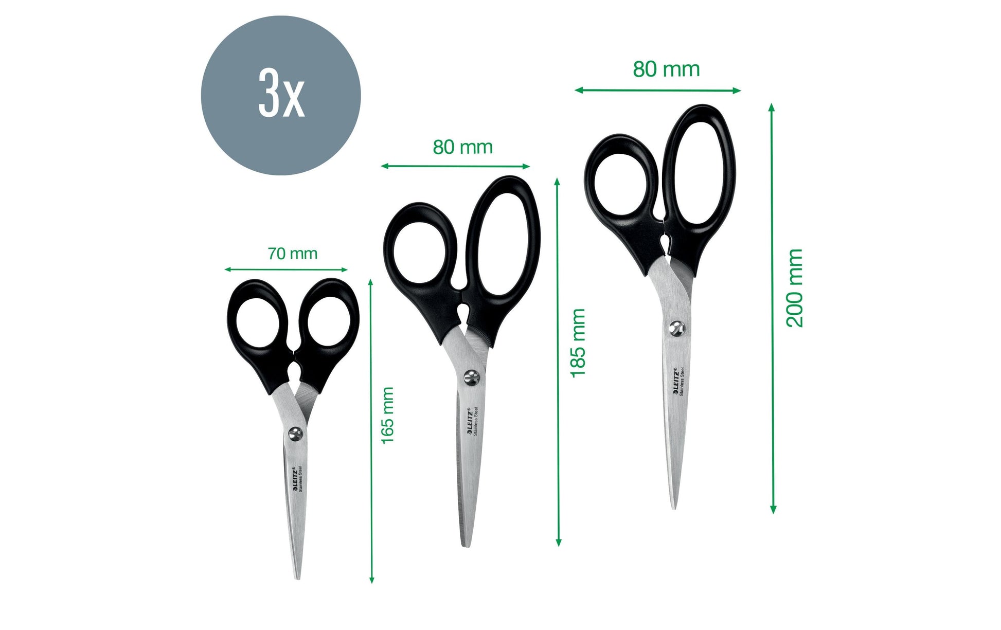 Leitz Scheren-Set 16,5 cm/18,5 cm/20,0 cm, für Rechts- und Linkshänder – Edelstahl, Schwarz, 3 Stk.