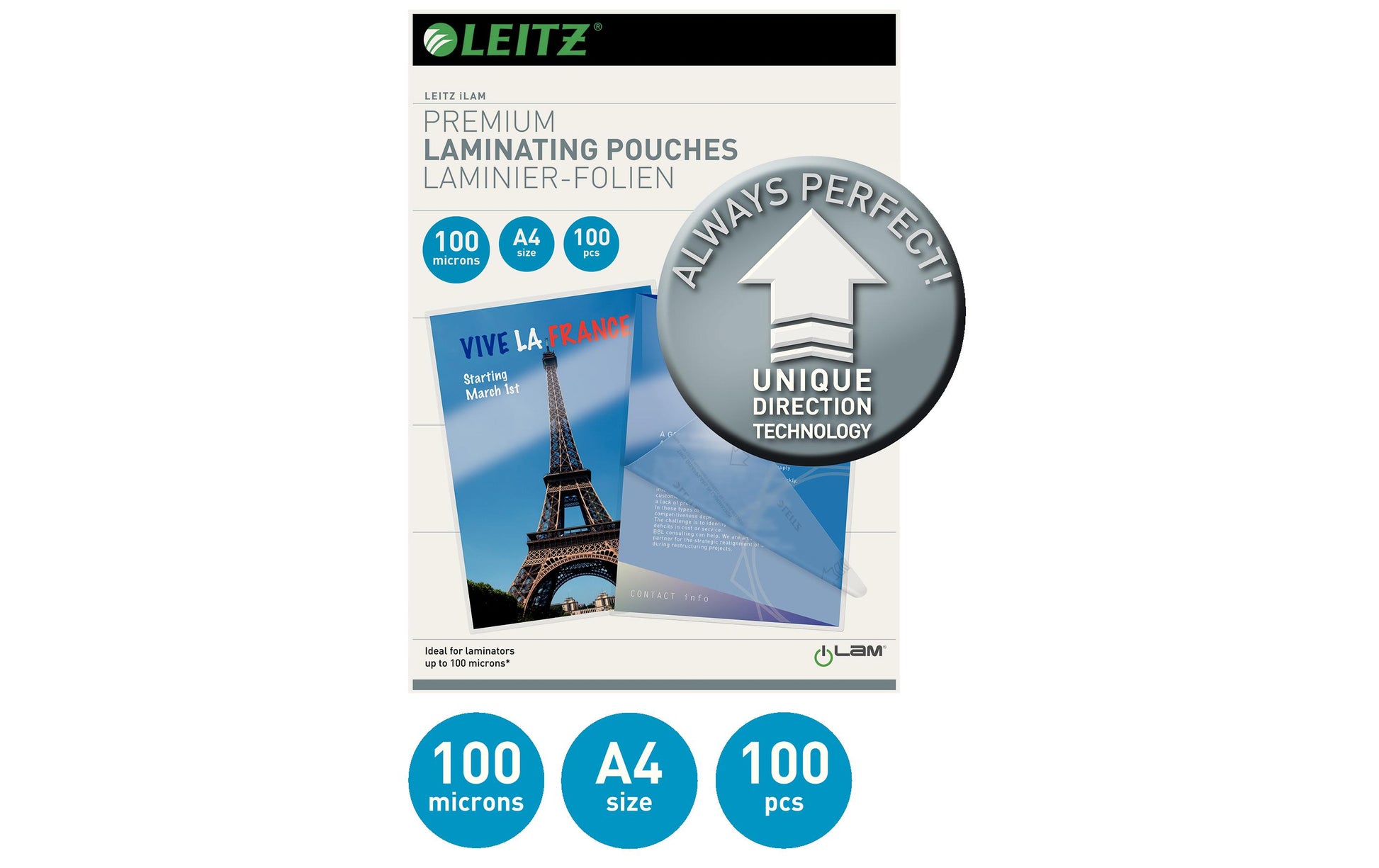 Leitz Laminierfolien A4, glänzend – 100 µm, 216 × 303 mm, 100 Stk.