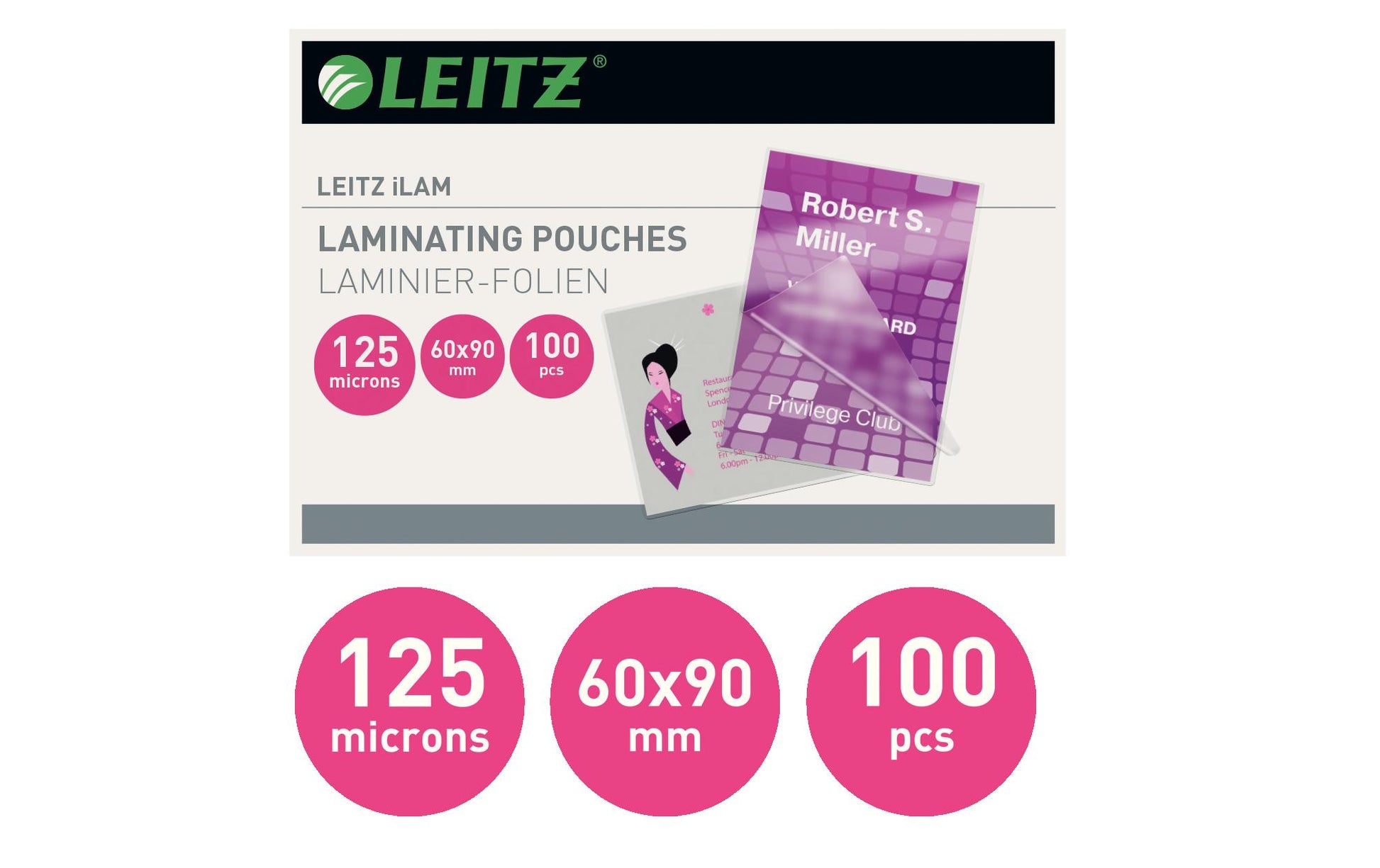 Leitz Laminierfolien 60 × 90 mm – 125 µm, glänzend, 100 Stück