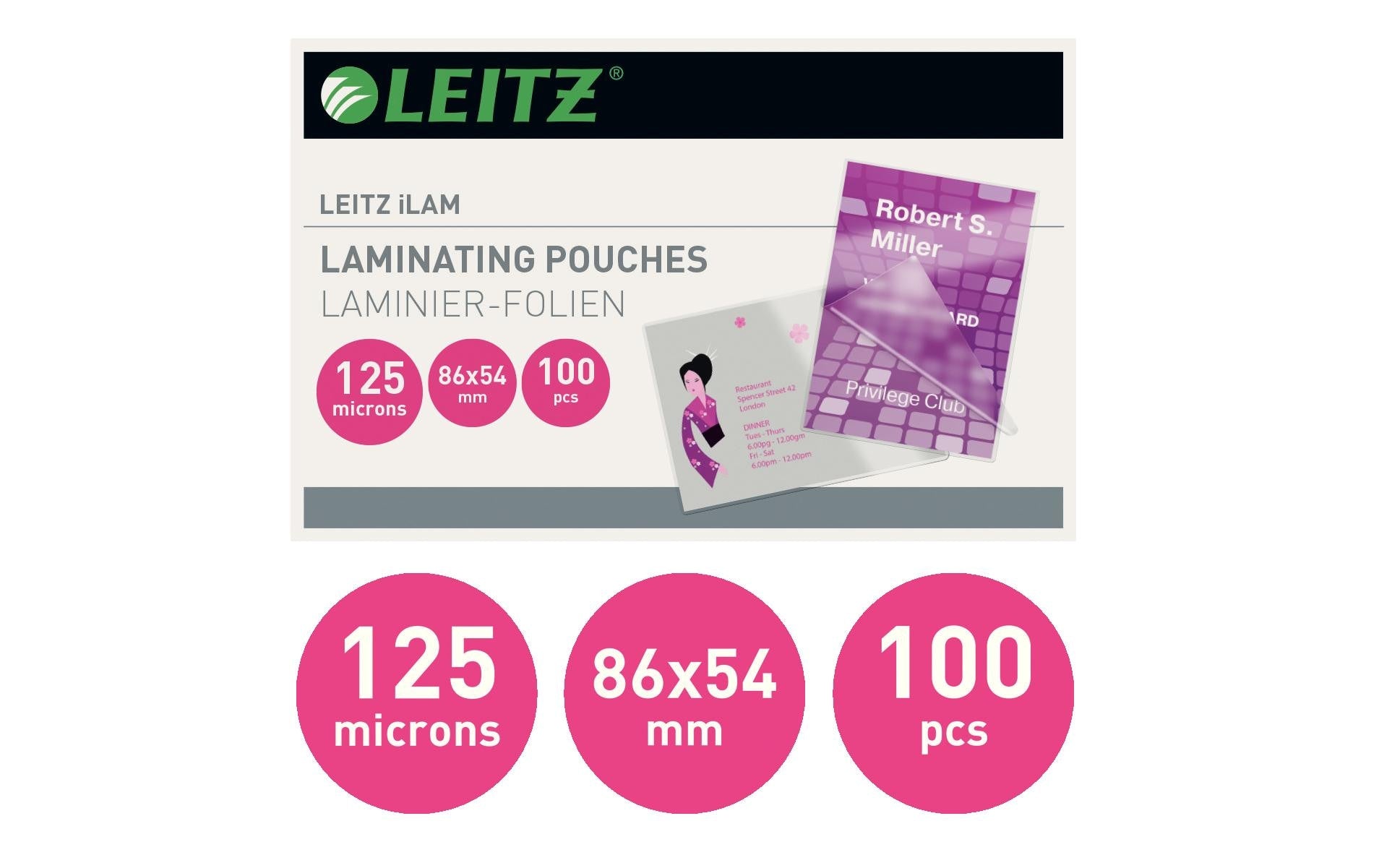 Leitz Laminierfolien 54 × 86 mm – 125 µm, glänzend, 100 Stück