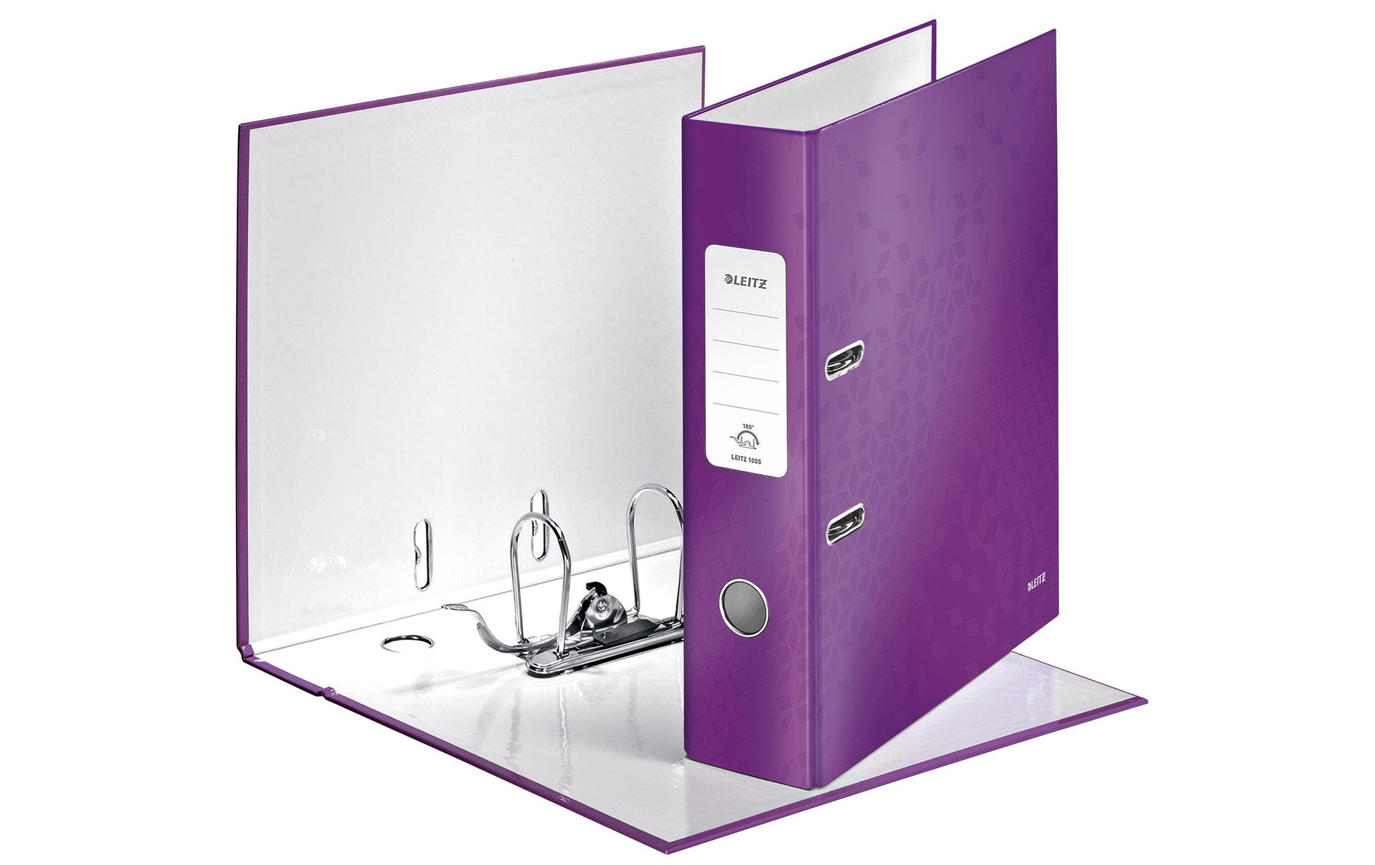 Leitz Ordner – A4 hoch – 2-Ring Hebelmechanik, Rücken 80 mm – violett, mit Griffloch, mit Raumsparösen, FSC