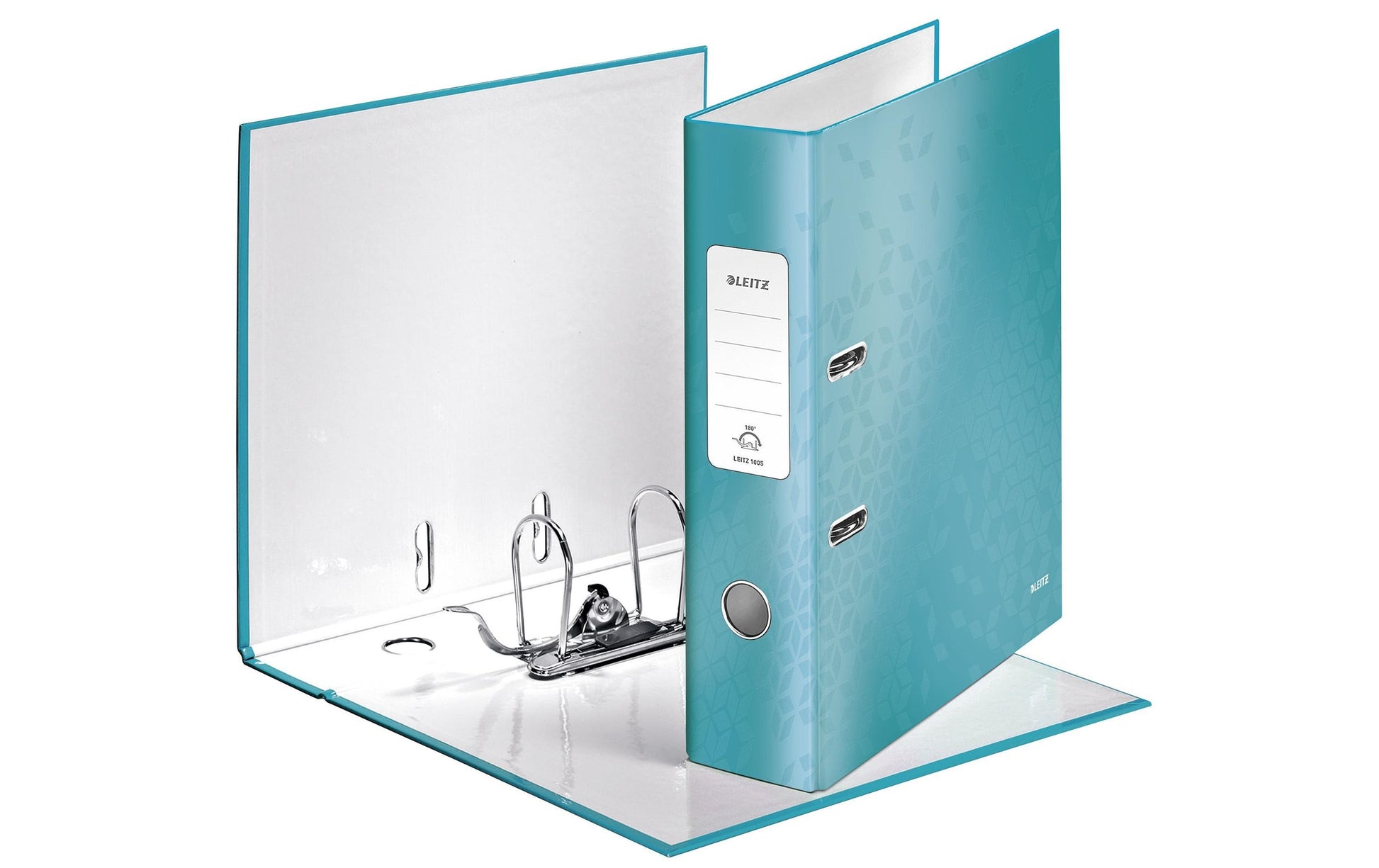 Leitz Ordner – A4 hoch – 2-Ring Hebelmechanik, Rücken 80 mm – eisblau, Karton, mit Griffloch, FSC