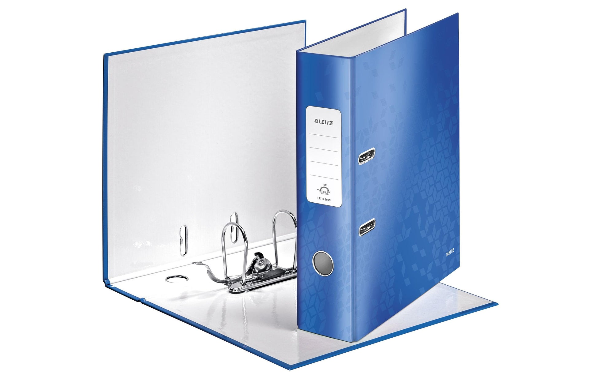 Leitz Ordner – A4 hoch – 2-Ring Hebelmechanik, Rücken 80 mm – blau, mit Niederhalter, mit Griffloch, FSC