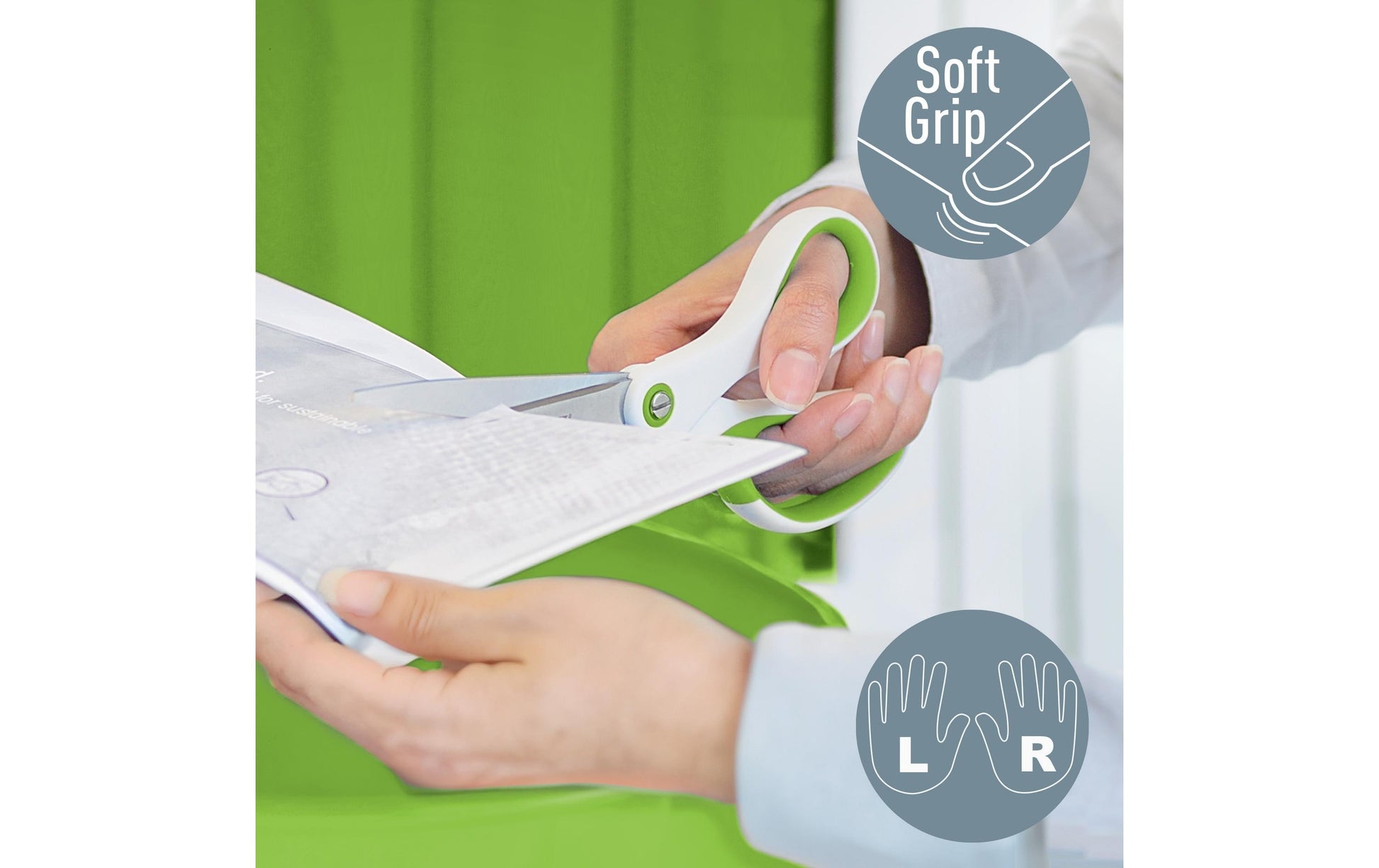 Leitz WOW Schere 20,5 cm, spitz, für Rechtshänder – Edelstahl, titanbeschichtet, Softgrip, Grün/Weiss
