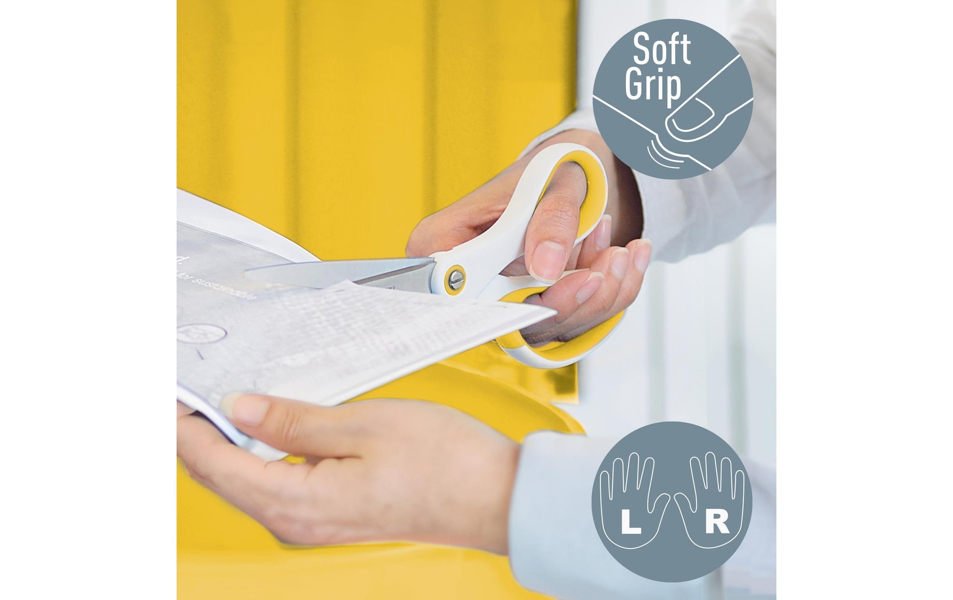 Leitz WOW Schere 20,5 cm, spitz, für Rechtshänder – Edelstahl, titanbeschichtet, Softgrip, Weiss/Gelb