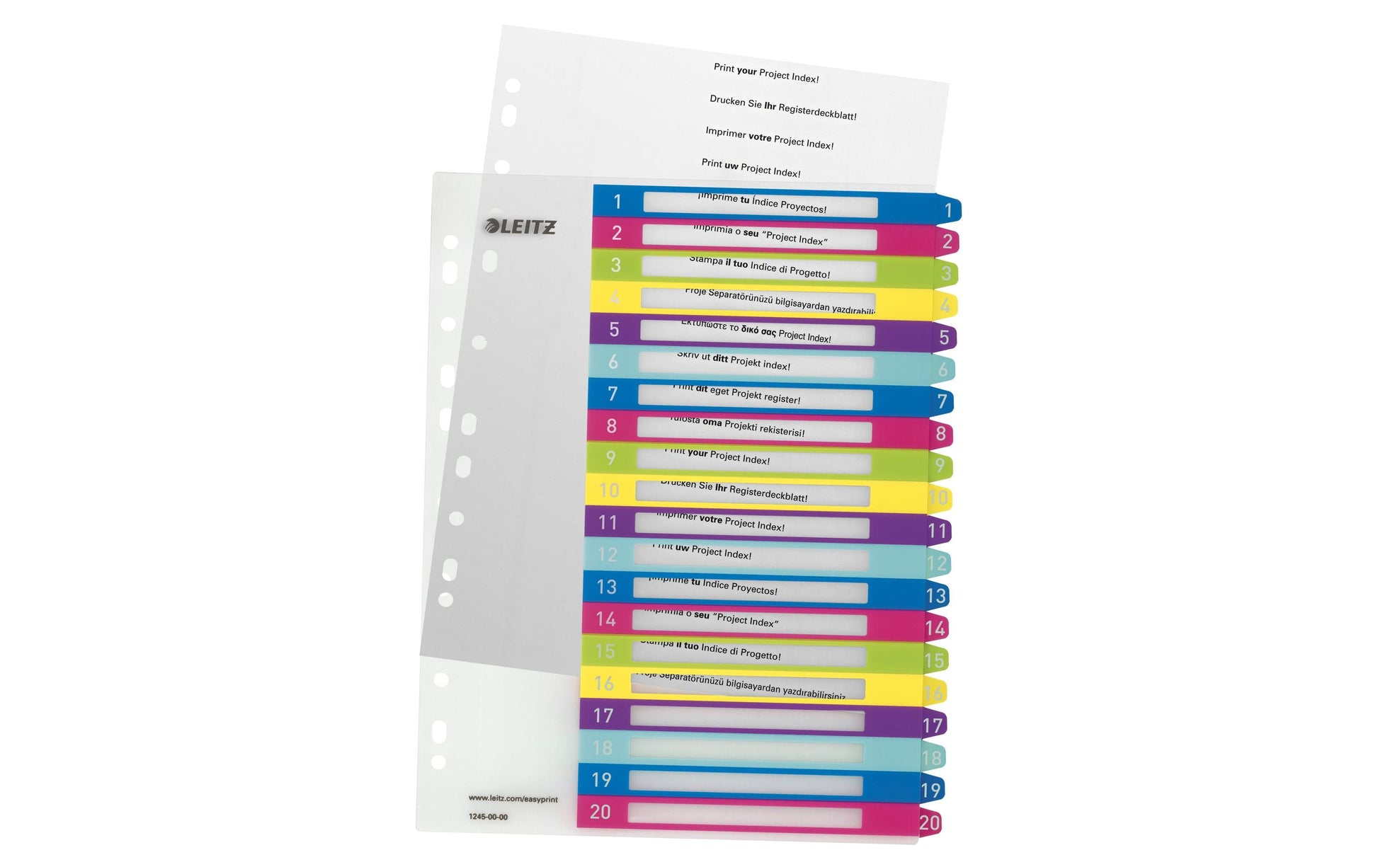 Leitz Register A4 – nummeriert 1–20, 20 Taben, PP mehrfarbig, 11-fach, druckbar