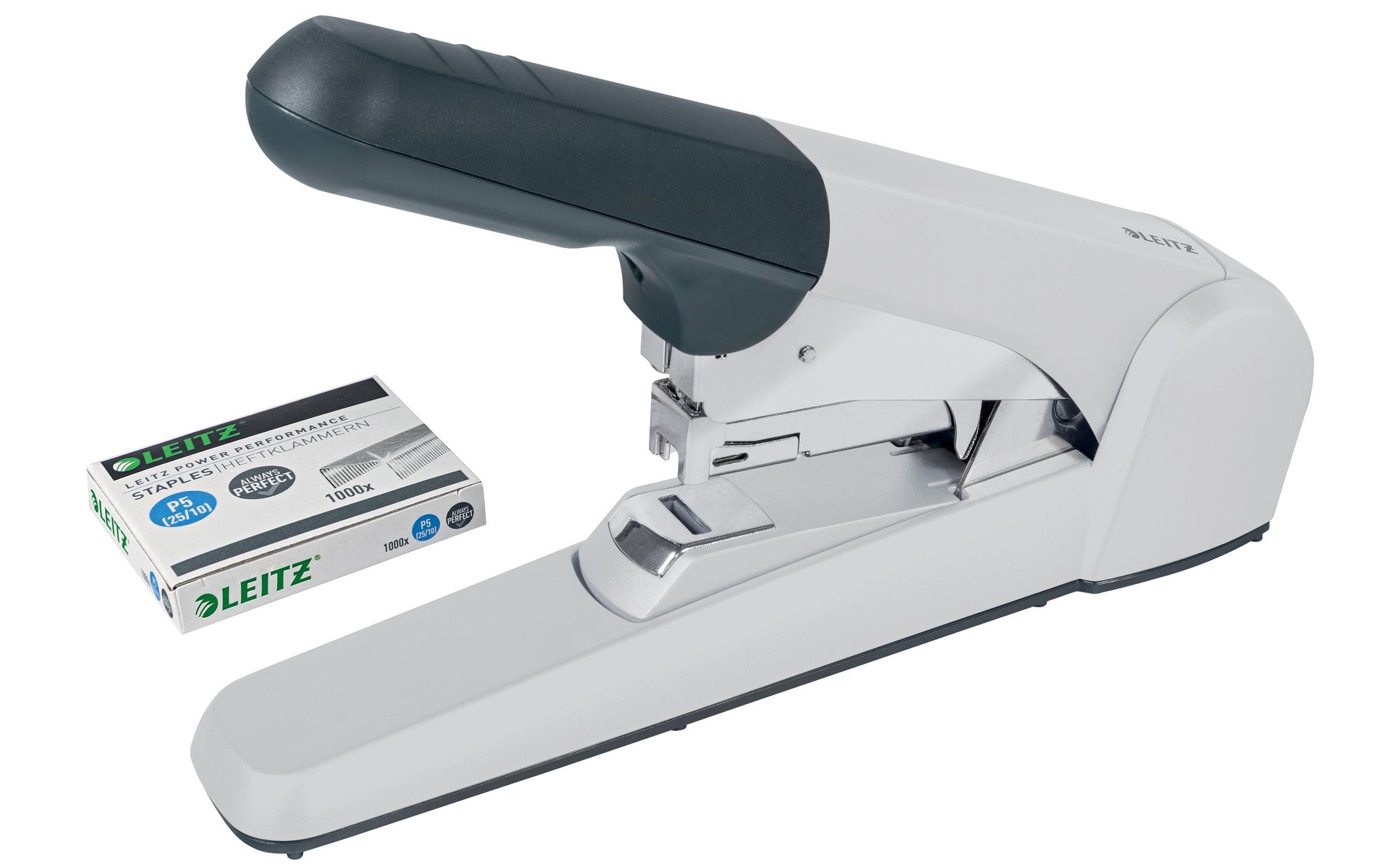 Leitz 5552 – Hefter, 60 Blatt, für 25/10, Flat-Clinch, Einlegetiefe 57 mm, grau