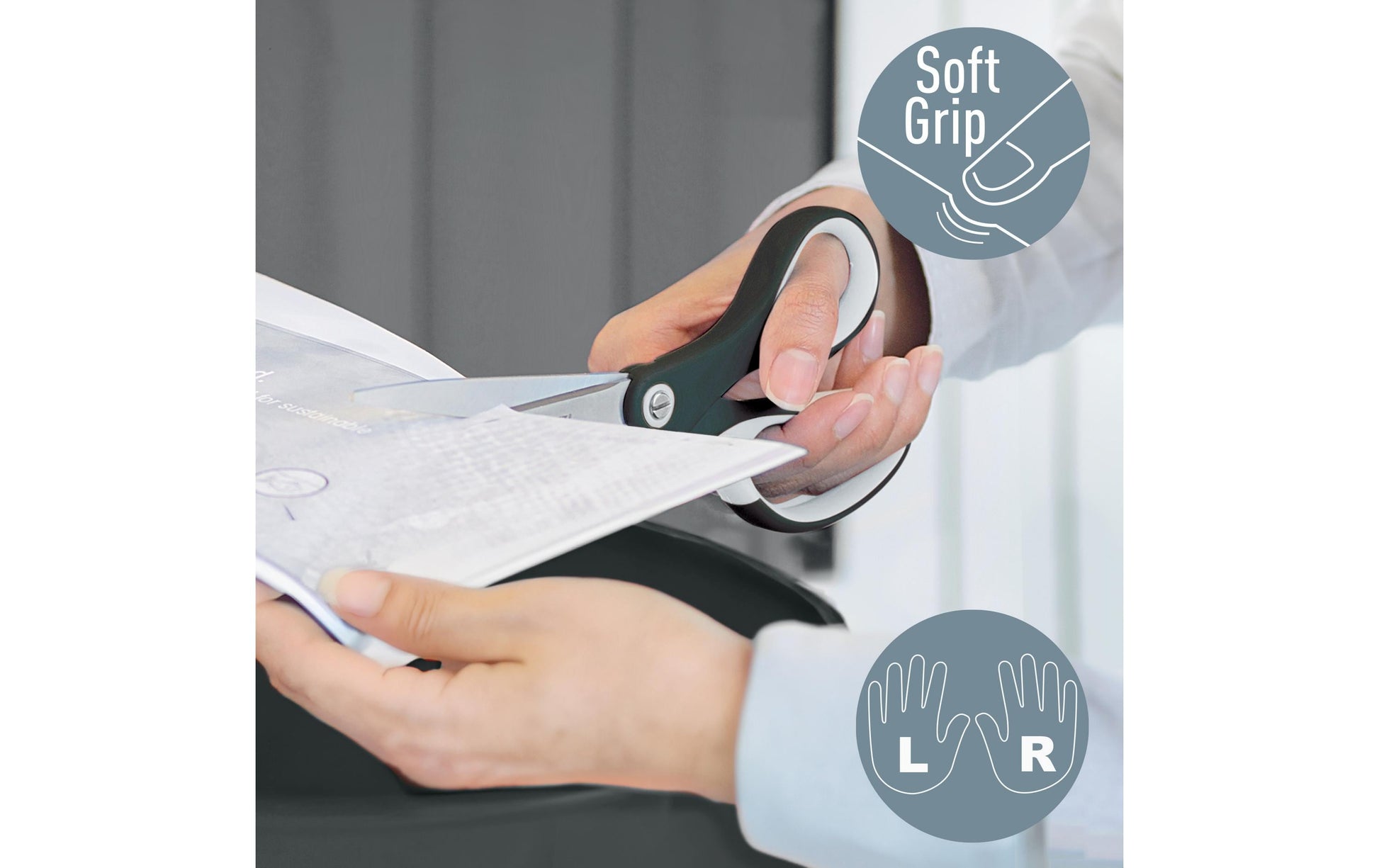 Leitz WOW Schere 20,5 cm, spitz, für Rechtshänder – Edelstahl, titanbeschichtet, Softgrip, Schwarz/Weiss
