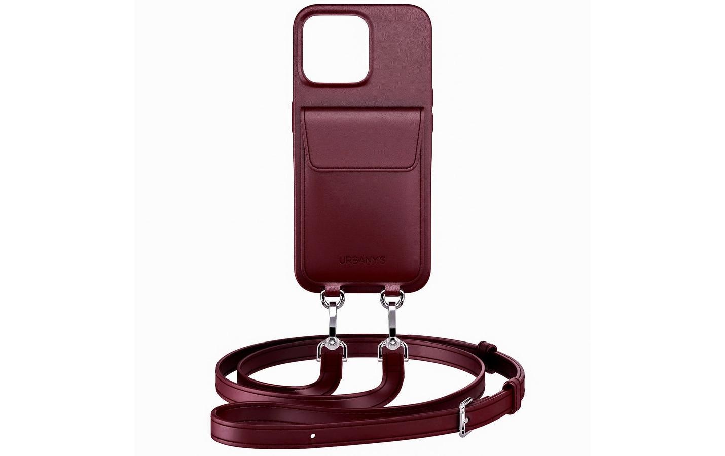 Urbany's Urbanys – Halskette-Hülle – für Apple iPhone 16 – rot/bordeaux – Recycling-Leder – mit Kartenfach, mit Kordel