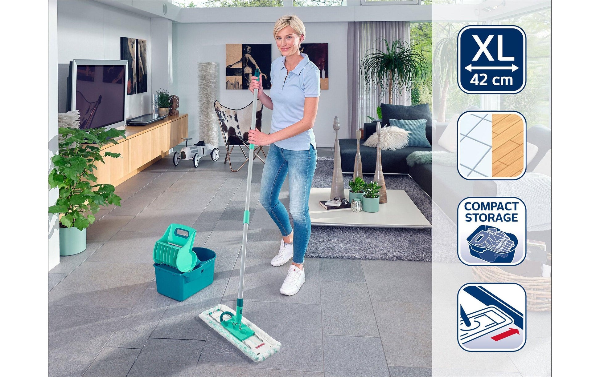 Leifheit Profi Compact 55092 – Bodenwischer-Set – Wischbreite 42 cm, Teleskopstiel, Mikrofaser, Türkis