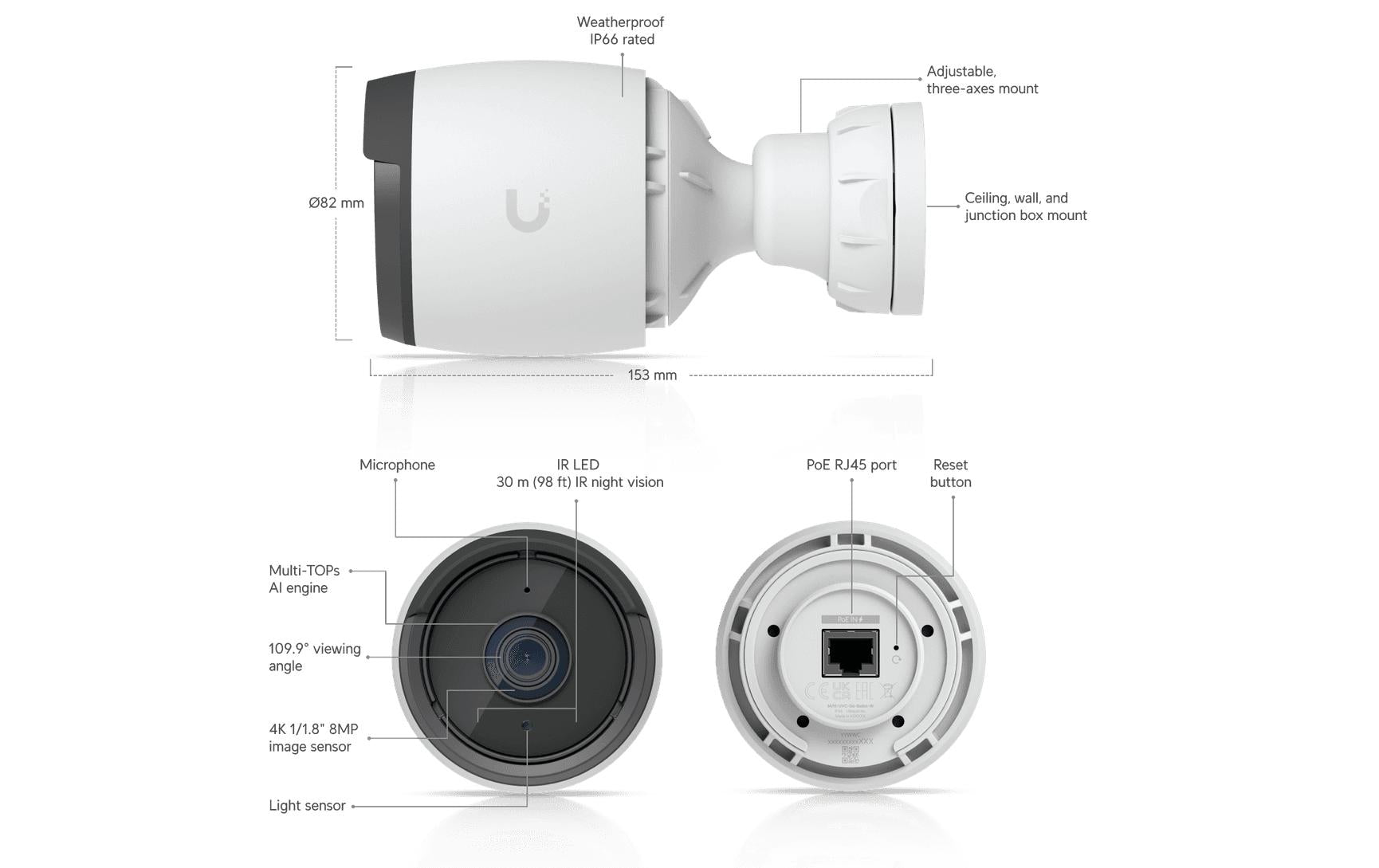 Ubiquiti G6 Bullet Kamera – 4K, 8 MP, PoE, Wetterfest, Weiss